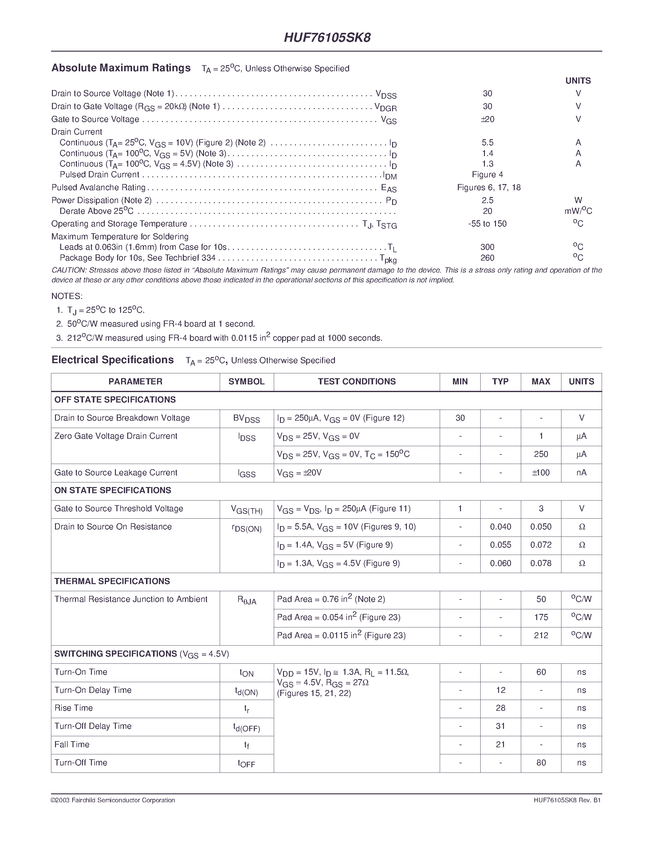 Datasheet HUF76105SK8 page 2 Datasheet HUF76105SK8 - 5.5A/ 30V/ 0.050 Ohm/ N-Channel/ Logic page 2
