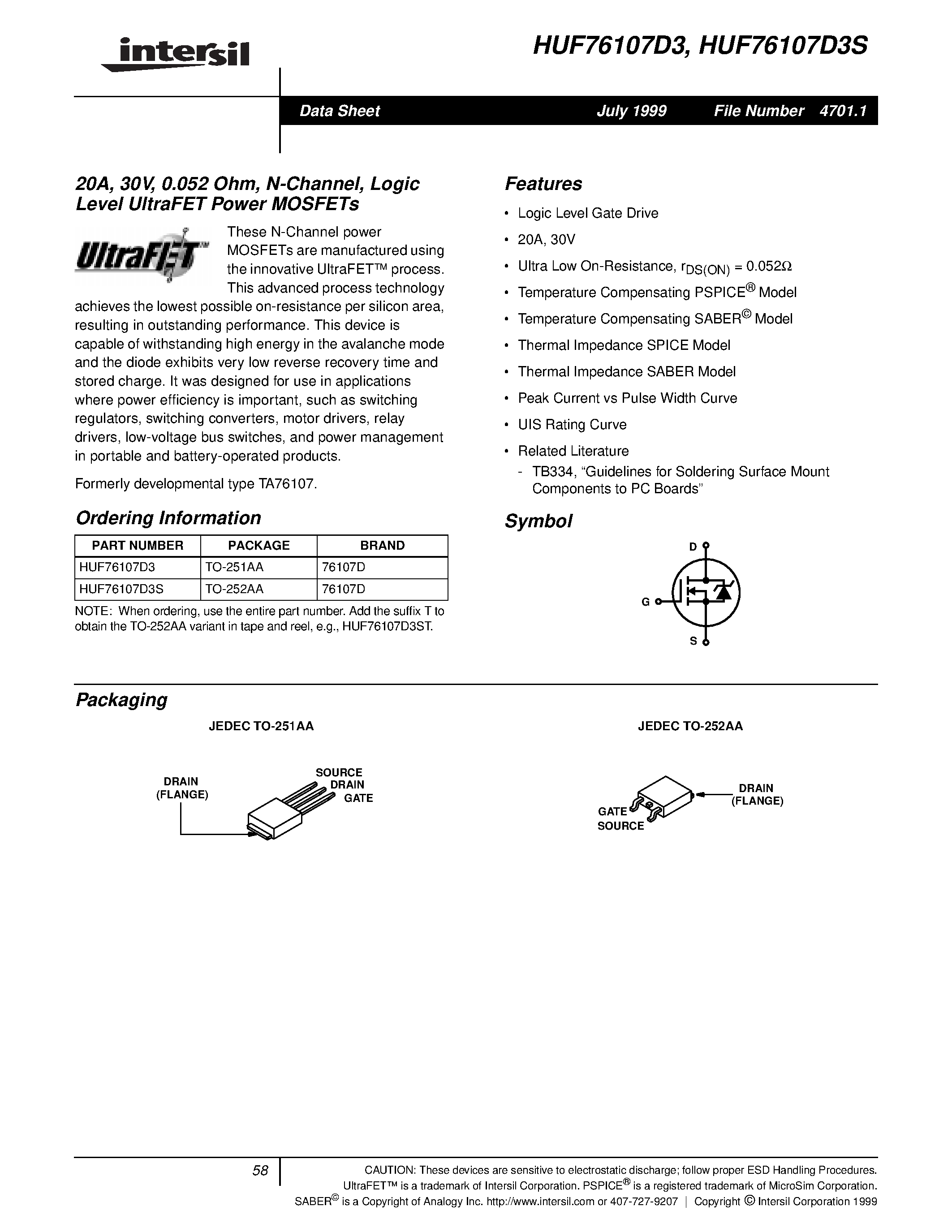 Datasheet HUF76107D3 - 20A/ 30V/ 0.052 Ohm/ N-Channel/ Logic Level UltraFET Power MOSFETs page 1