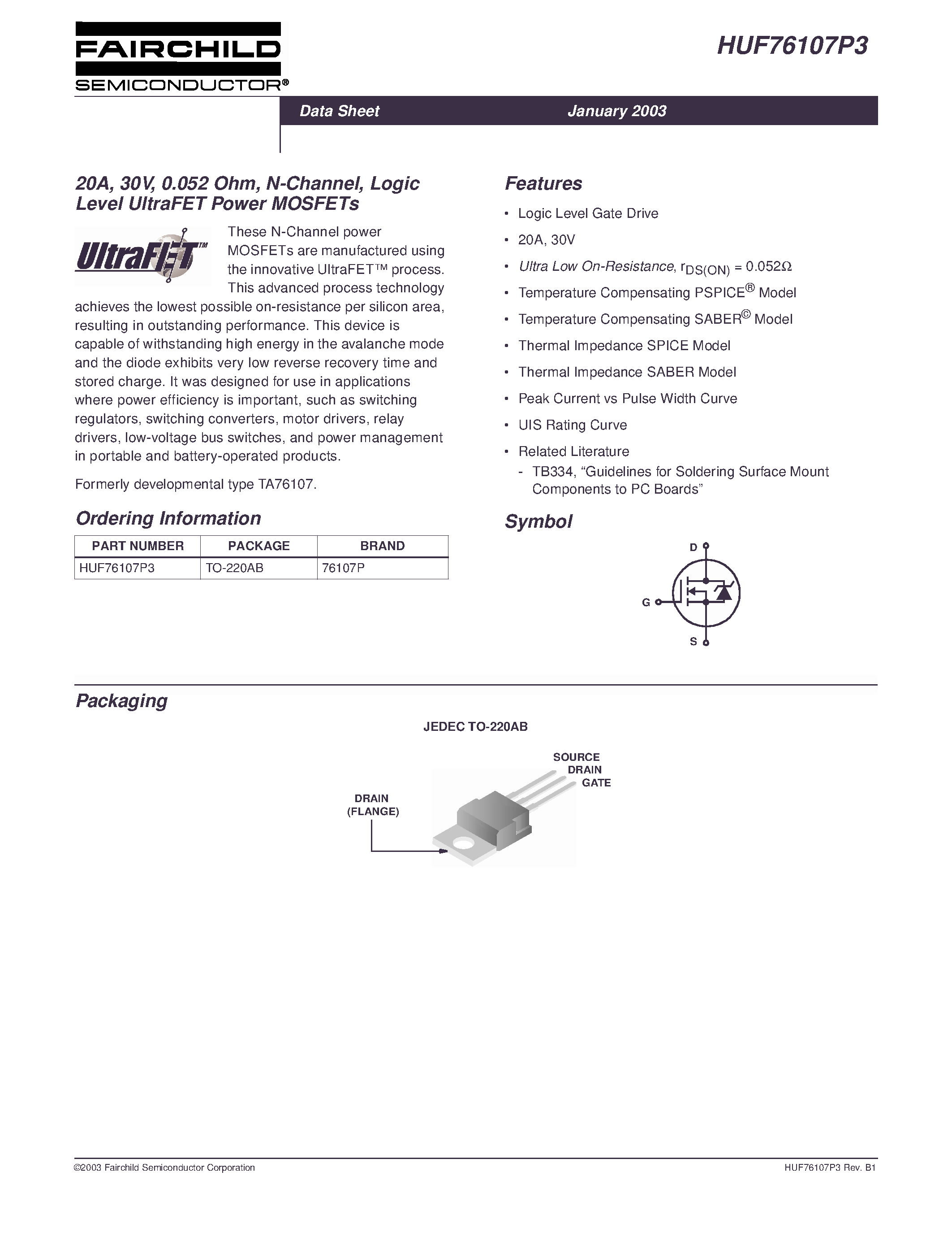 Datasheet HUF76107P3 - 20A/ 30V/ 0.052 Ohm/ N-Channel/ Logic Level UltraFET Power MOSFETs page 1