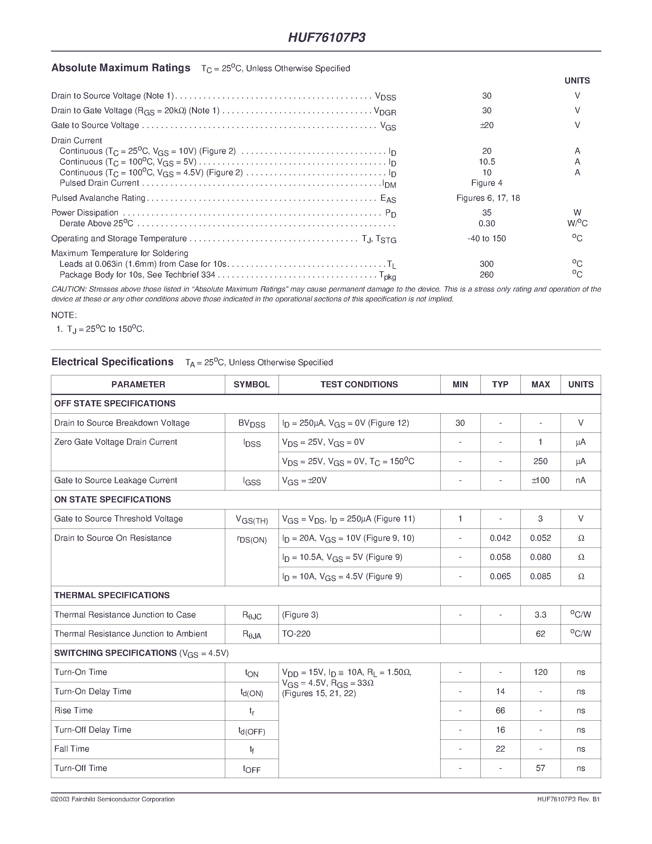 Datasheet HUF76107P3 - 20A/ 30V/ 0.052 Ohm/ N-Channel/ Logic Level UltraFET Power MOSFETs page 2
