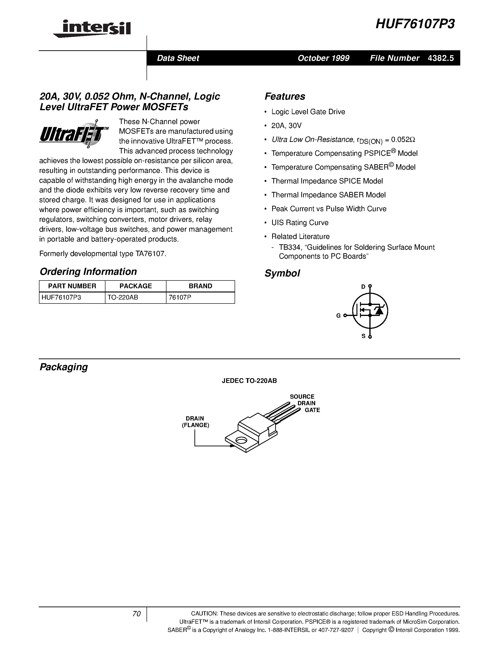 Datasheet HUF76107P3 - 20A/ 30V/ 0.052 Ohm/ N-Channel/ Logic Level UltraFET Power MOSFETs page 1