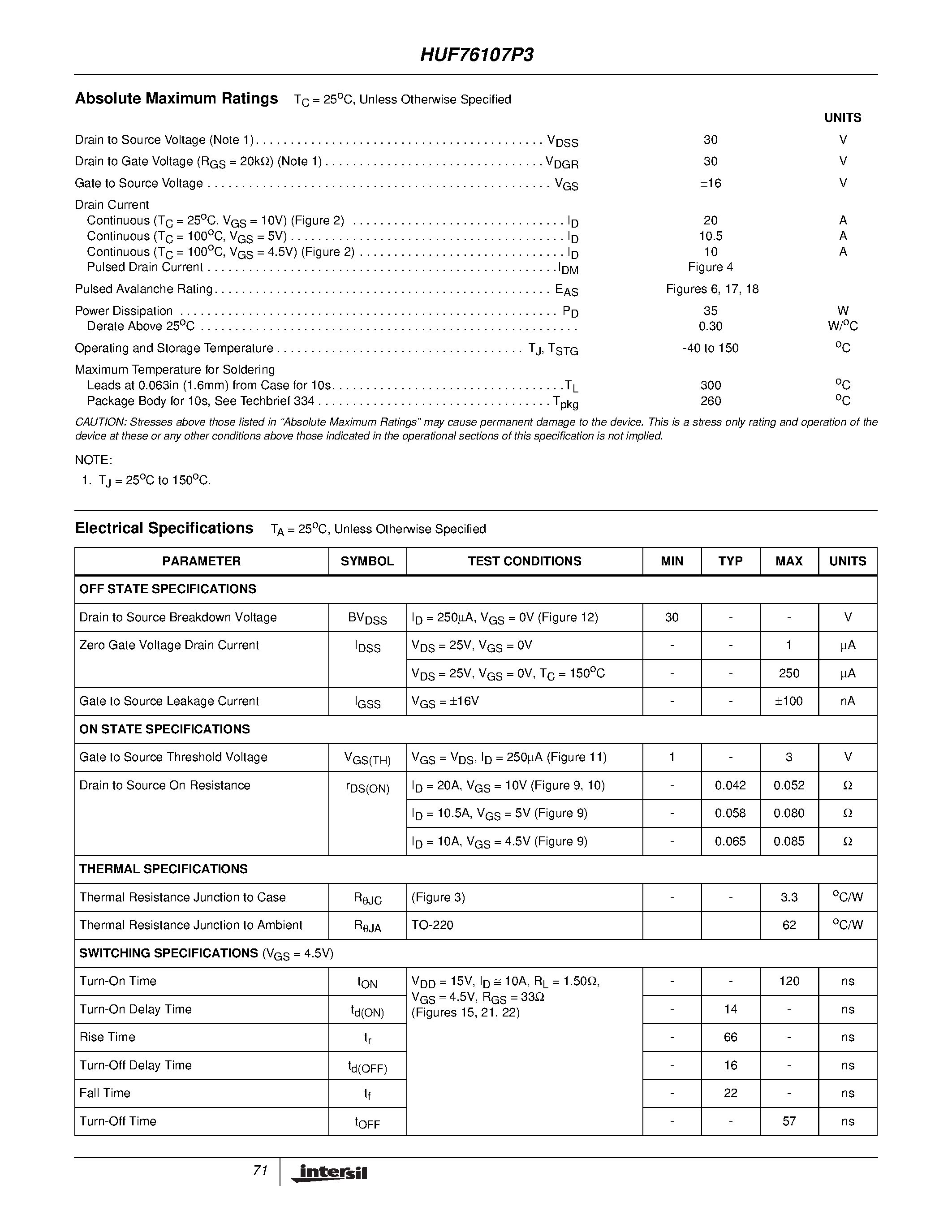 Datasheet HUF76107P3 - 20A/ 30V/ 0.052 Ohm/ N-Channel/ Logic Level UltraFET Power MOSFETs page 2