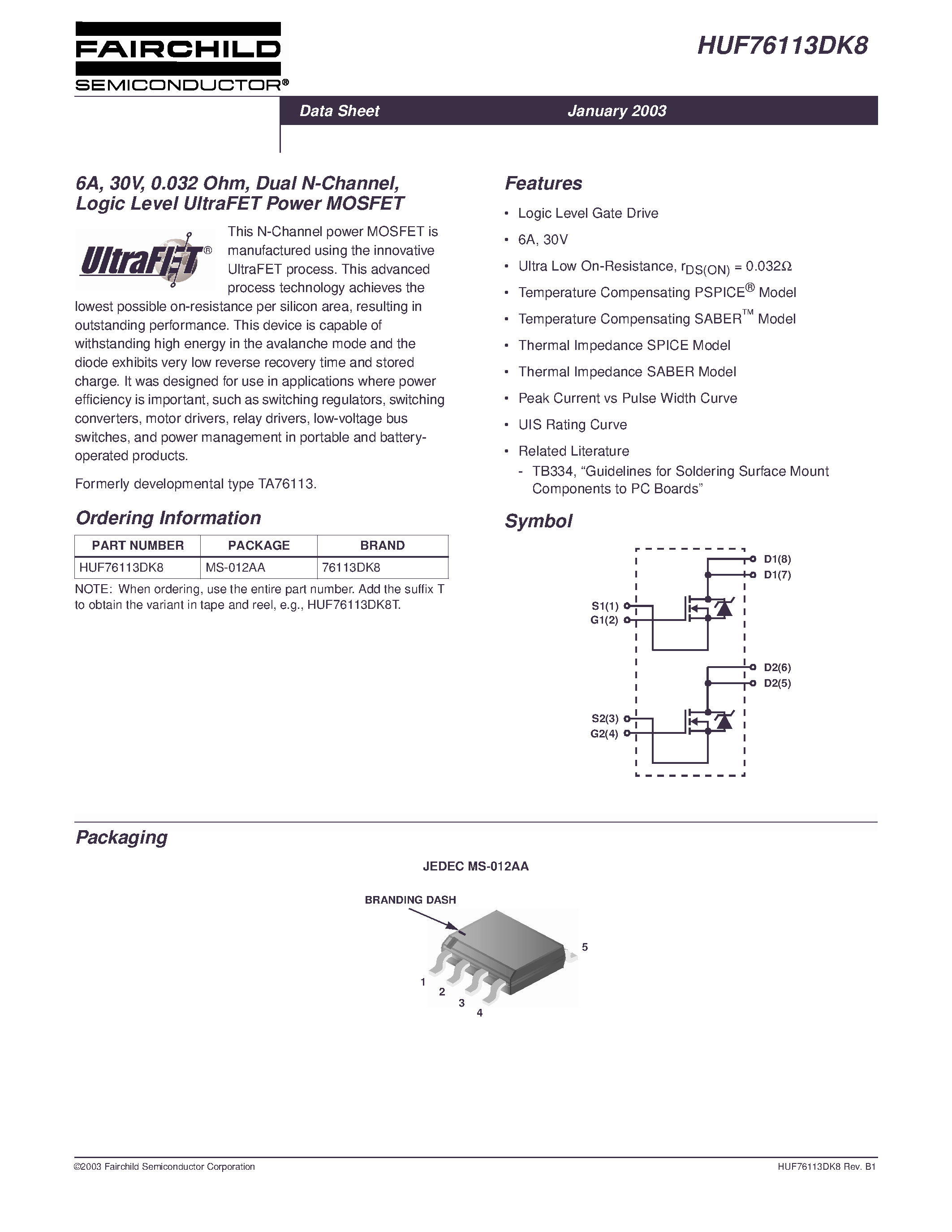 Datasheet HUF76113DK8 - 6A/ 30V/ 0.032 Ohm/ Dual N-Channel/ Logic Level UltraFET Power MOSFET page 1