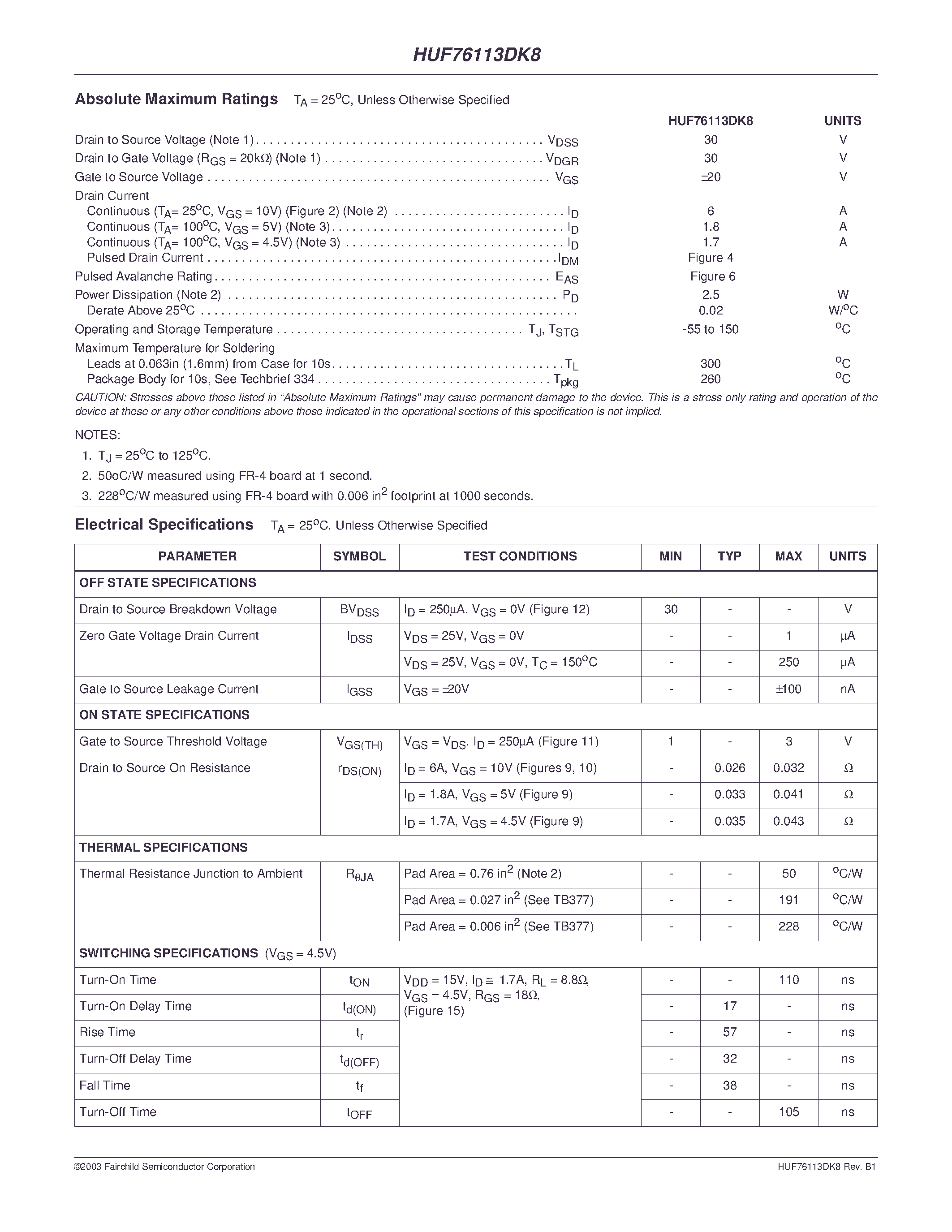Datasheet HUF76113DK8 - 6A/ 30V/ 0.032 Ohm/ Dual N-Channel/ Logic Level UltraFET Power MOSFET page 2