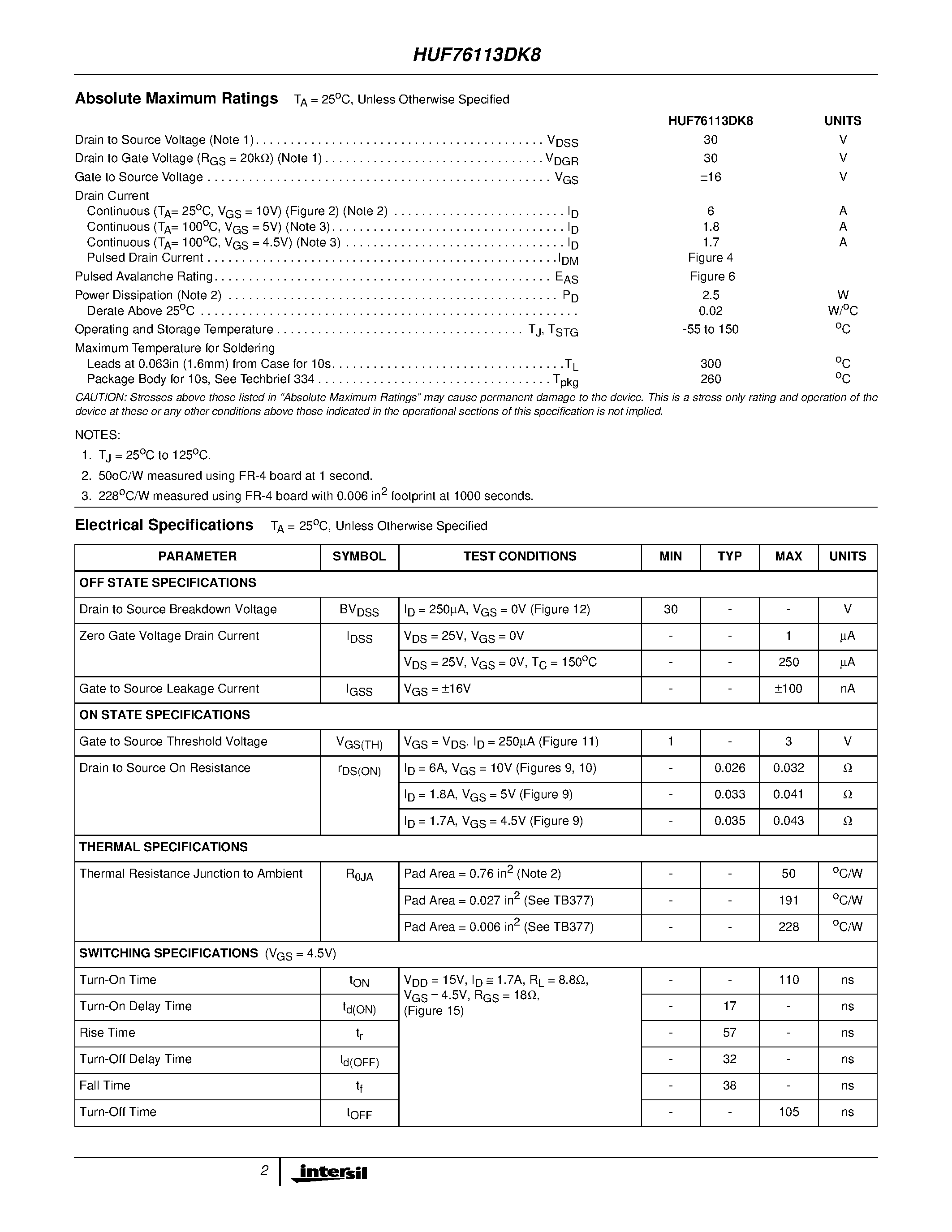 Datasheet HUF76113DK8 page 2 Datasheet HUF76113DK8 - 6A/ 30V/ 0.032 Ohm/ Dual N-Channel/ Logic Level UltraFET Power MOSFET page 2
