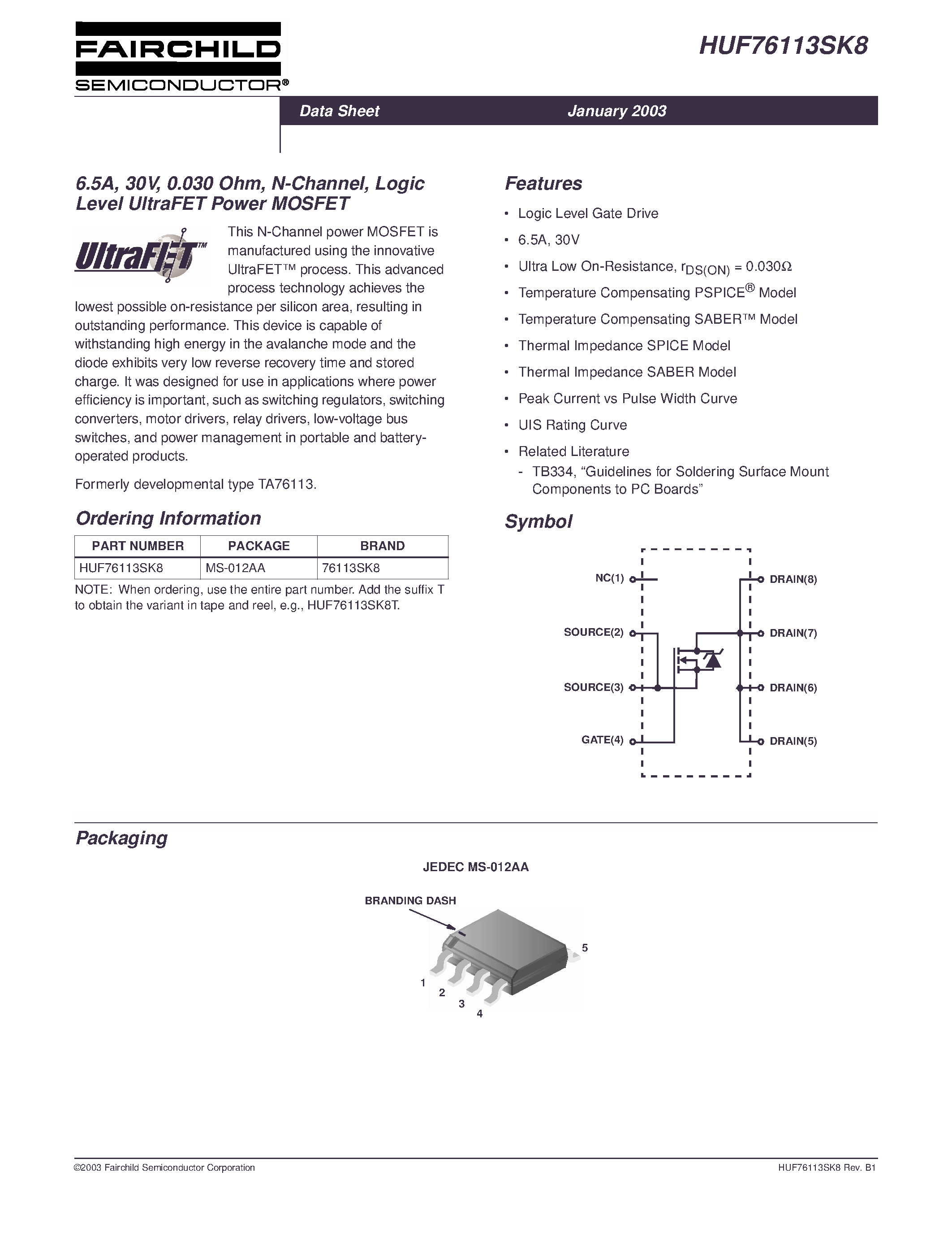 Datasheet HUF76113SK8 - 6.5A/ 30V/ 0.030 Ohm/ N-Channel/ Logic Level UltraFET Power MOSFET page 1