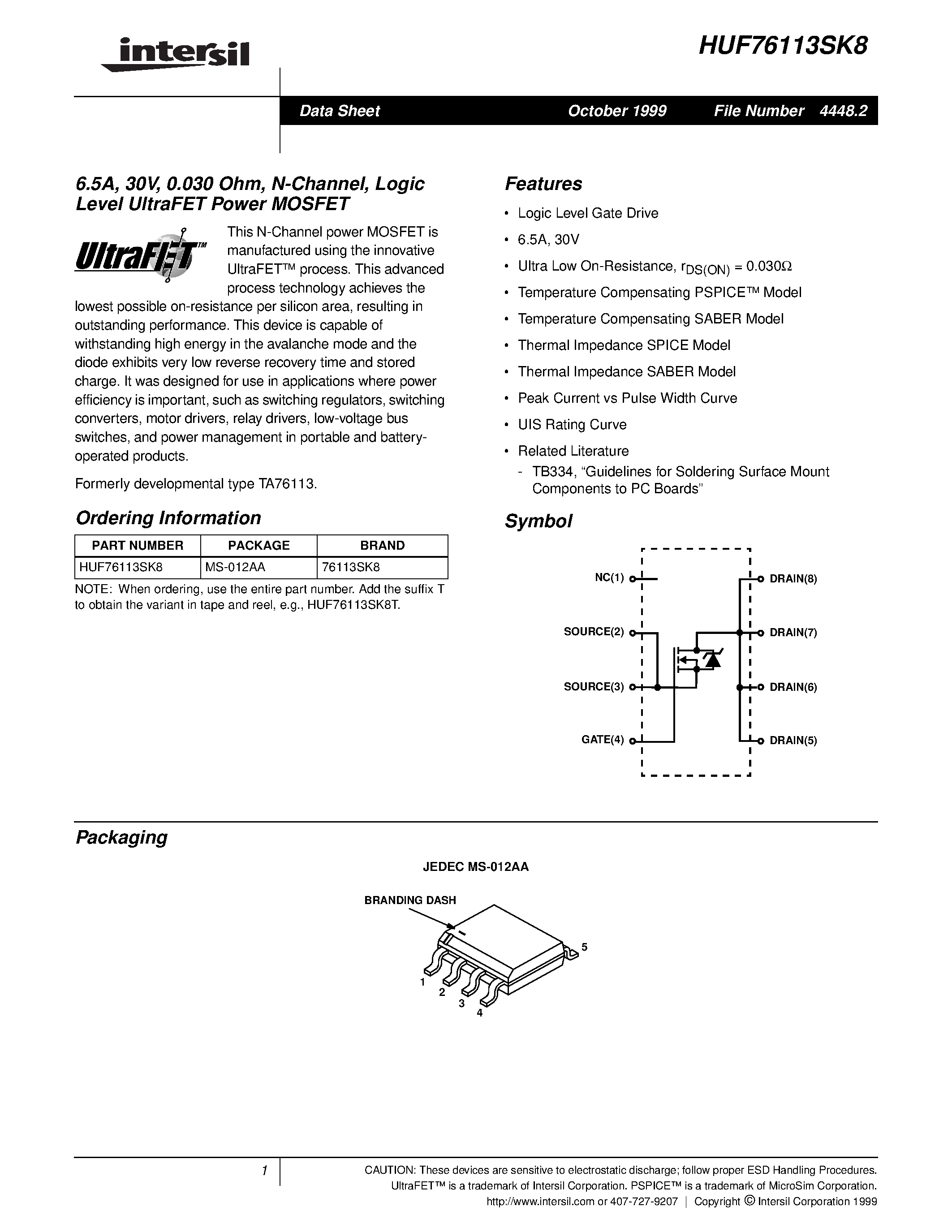 Datasheet HUF76113SK8 - 6.5A/ 30V/ 0.030 Ohm/ N-Channel/ Logic Level UltraFET Power MOSFET page 1