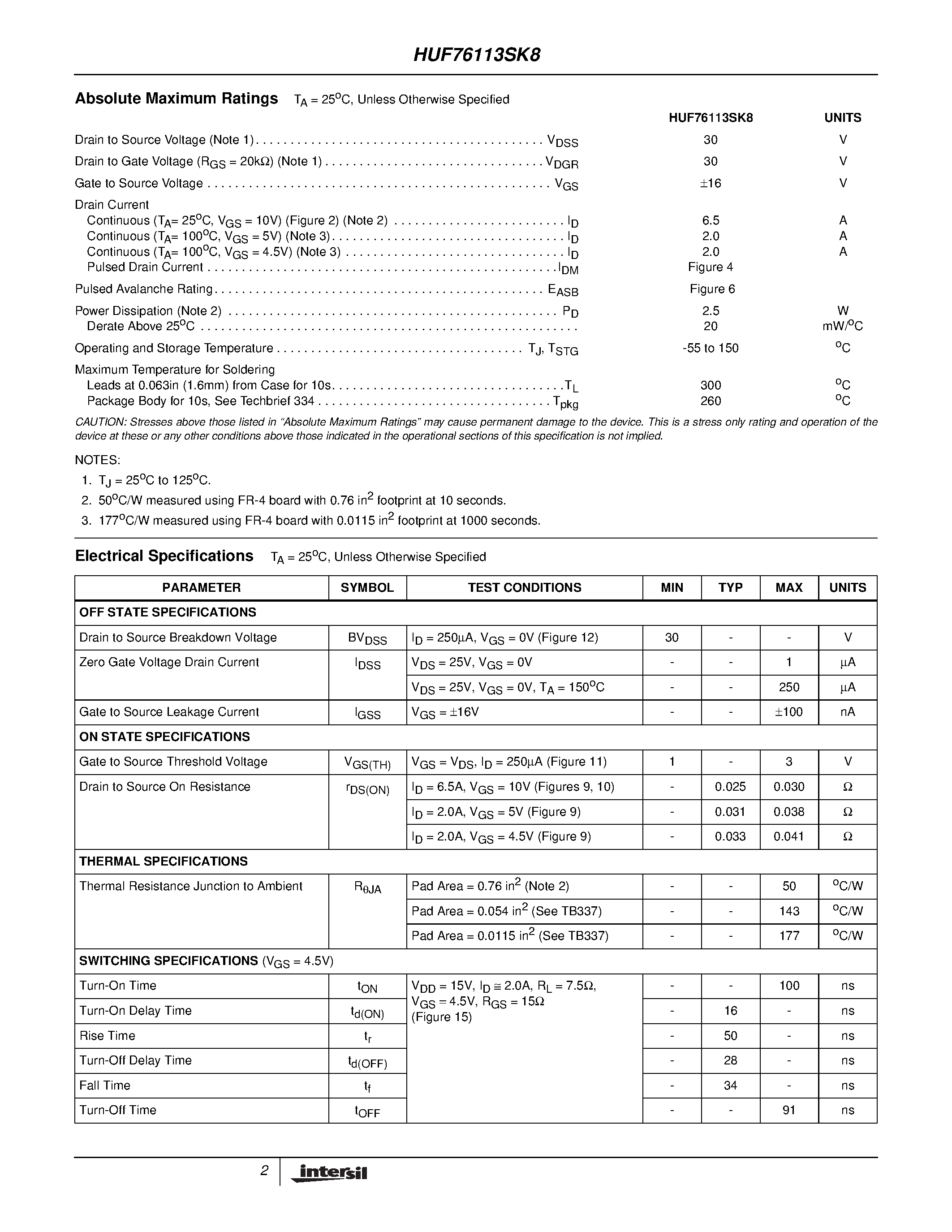 Datasheet HUF76113SK8 - 6.5A/ 30V/ 0.030 Ohm/ N-Channel/ Logic Level UltraFET Power MOSFET page 2