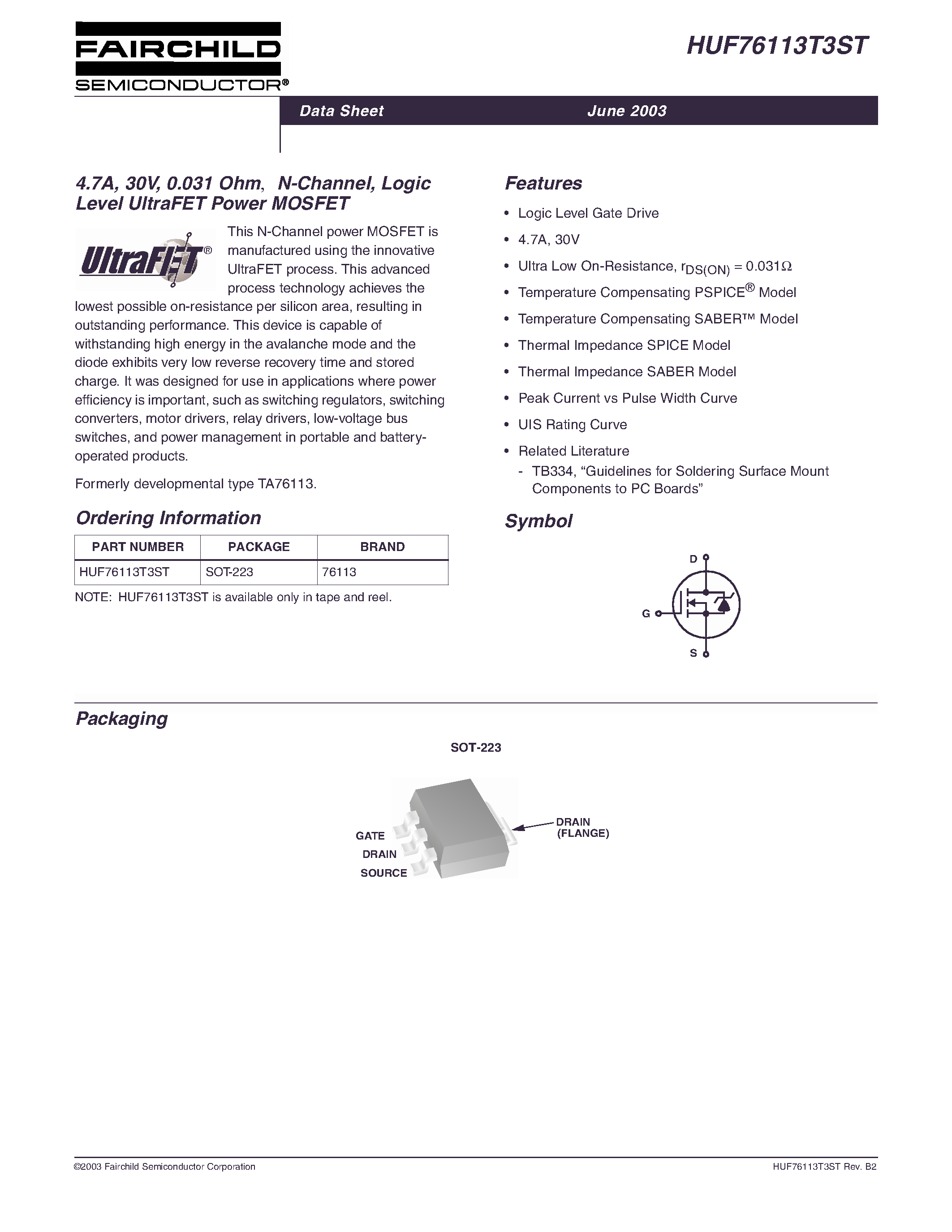 Даташит HUF76113T3ST - 4.7A/ 30V/ 0.031 Ohm/ N-Channel/ Logic Level UltraFET Power MOSFET страница 1