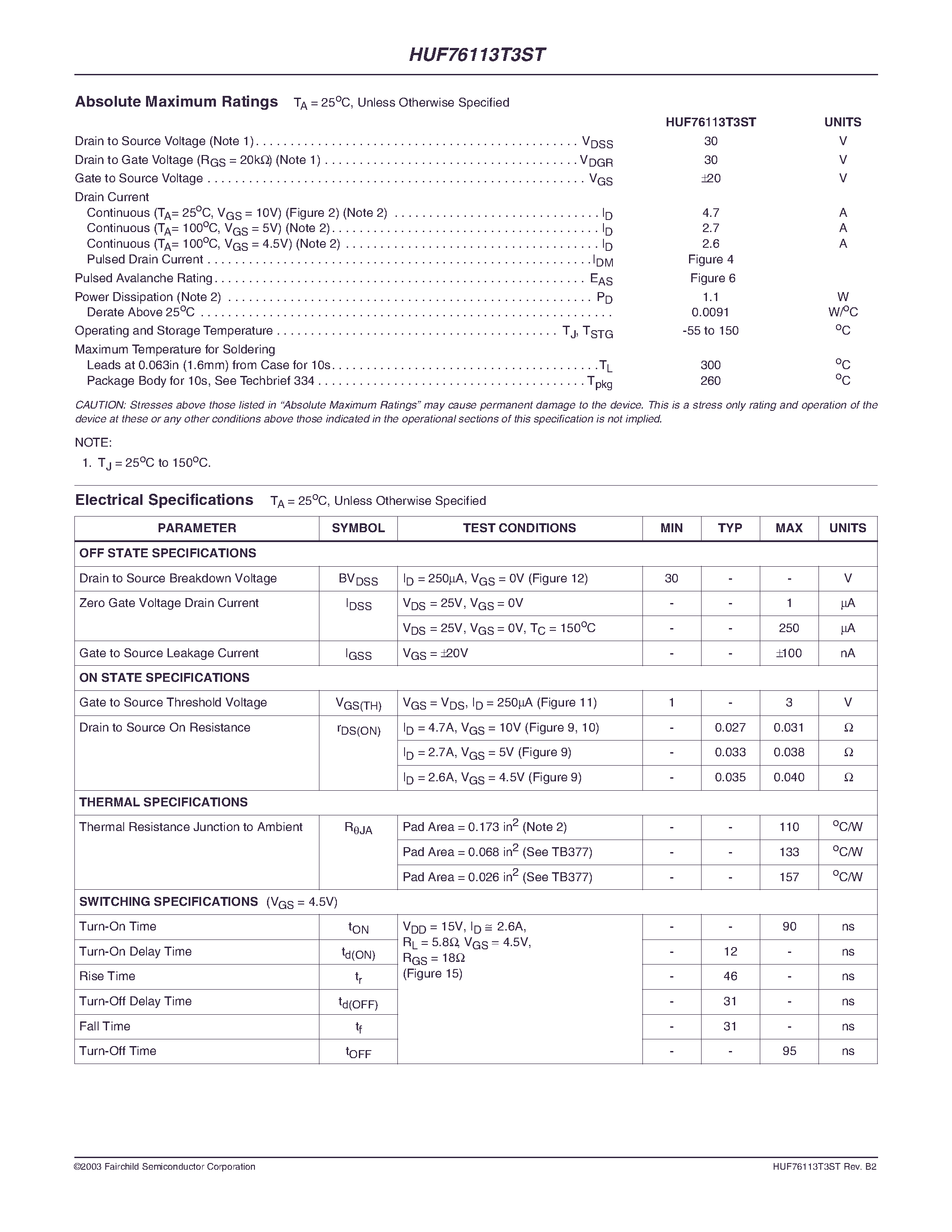 Даташит HUF76113T3ST - 4.7A/ 30V/ 0.031 Ohm/ N-Channel/ Logic Level UltraFET Power MOSFET страница 2