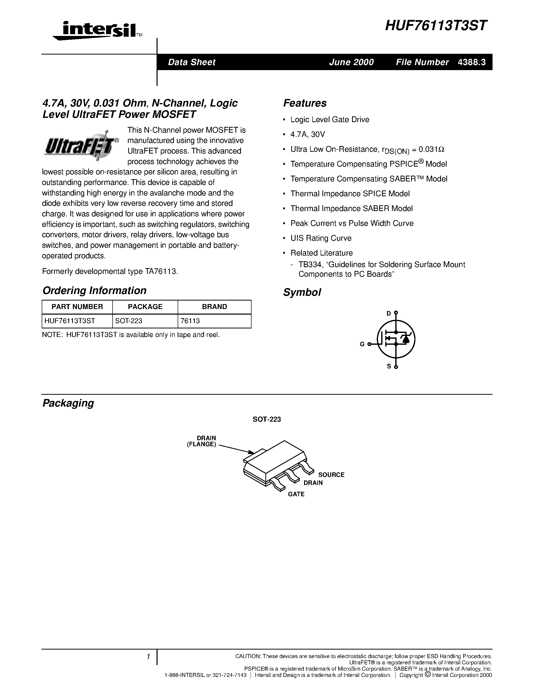 Даташит HUF76113T3ST - 4.7A/ 30V/ 0.031 Ohm/ N-Channel/ Logic Level UltraFET Power MOSFET страница 1