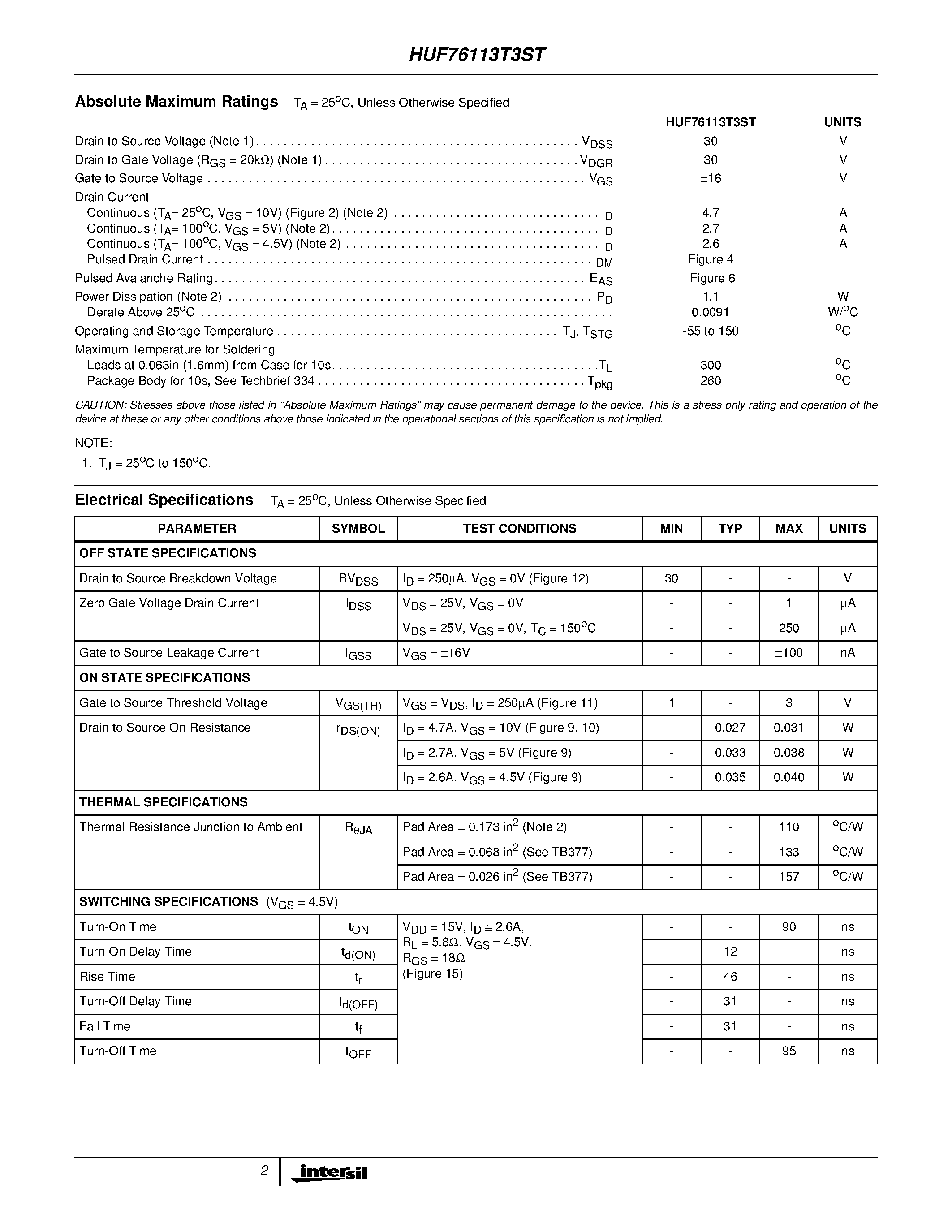 Даташит HUF76113T3ST - 4.7A/ 30V/ 0.031 Ohm/ N-Channel/ Logic Level UltraFET Power MOSFET страница 2