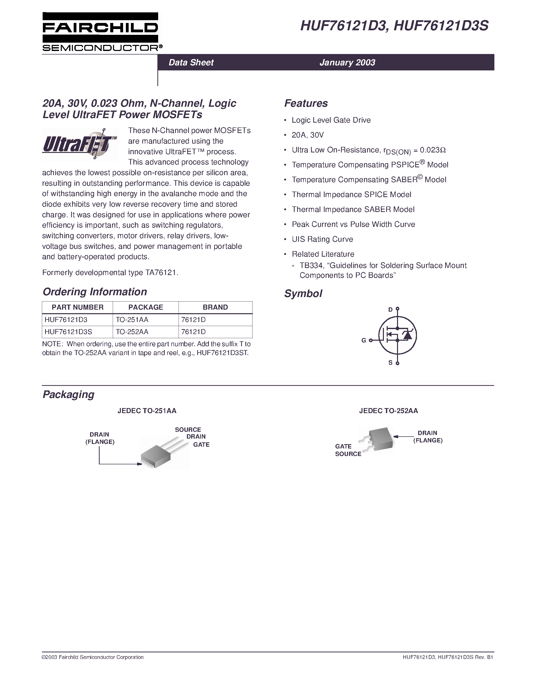 Datasheet HUF76121D3 - 20A/ 30V/ 0.023 Ohm/ N-Channel/ Logic Level UltraFET Power MOSFETs page 1