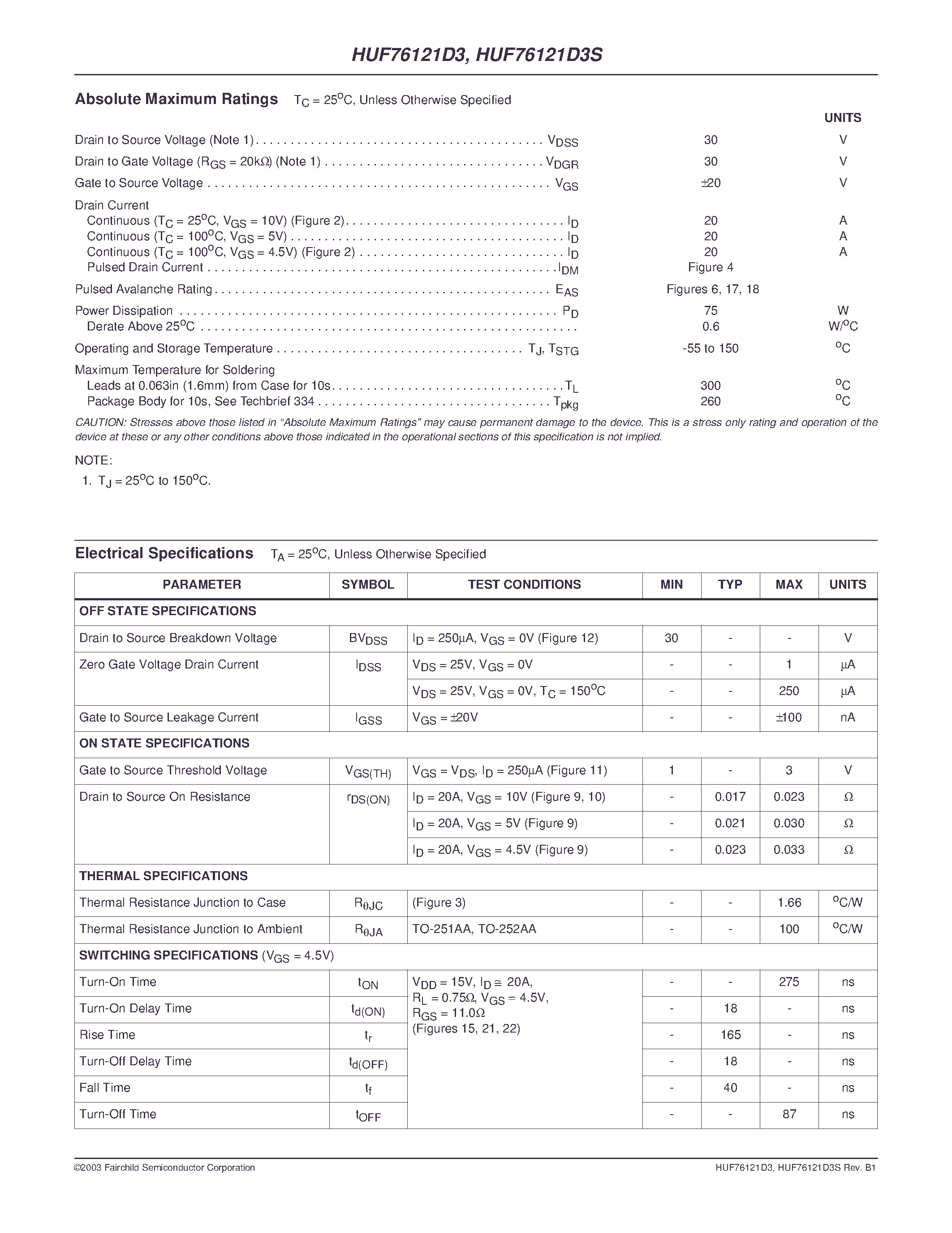 Datasheet HUF76121D3 - 20A/ 30V/ 0.023 Ohm/ N-Channel/ Logic Level UltraFET Power MOSFETs page 2