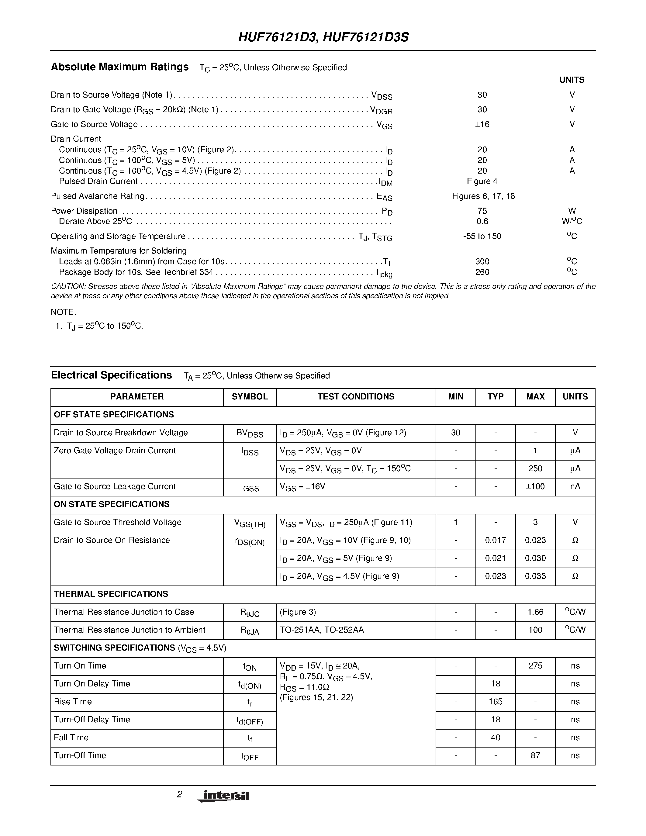 Datasheet HUF76121D3 page 2 Datasheet HUF76121D3 - 20A/ 30V/ 0.023 Ohm/ N-Channel/ Logic Level UltraFET Power MOSFETs page 2