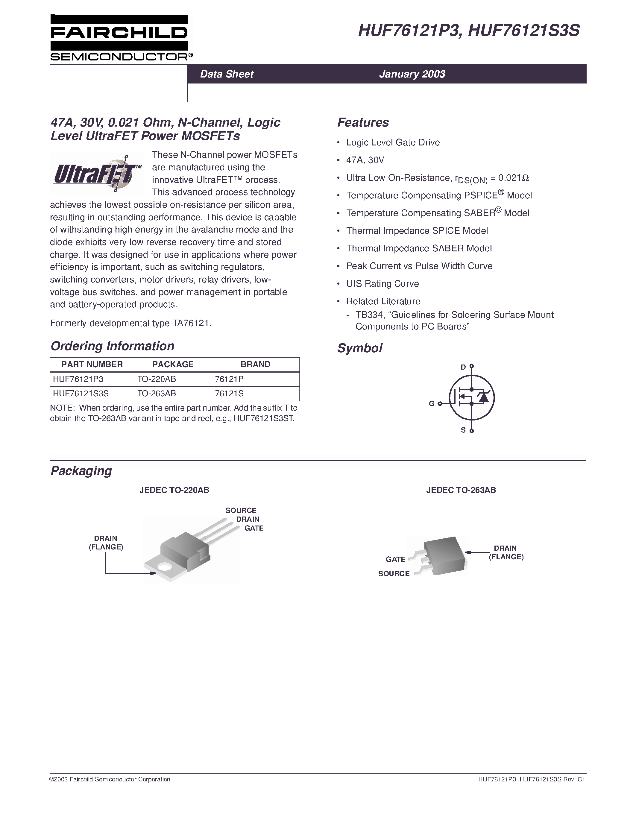 Datasheet HUF76121S3S - 47A/ 30V/ 0.021 Ohm/ N-Channel/ Logic Level UltraFET Power MOSFETs page 1