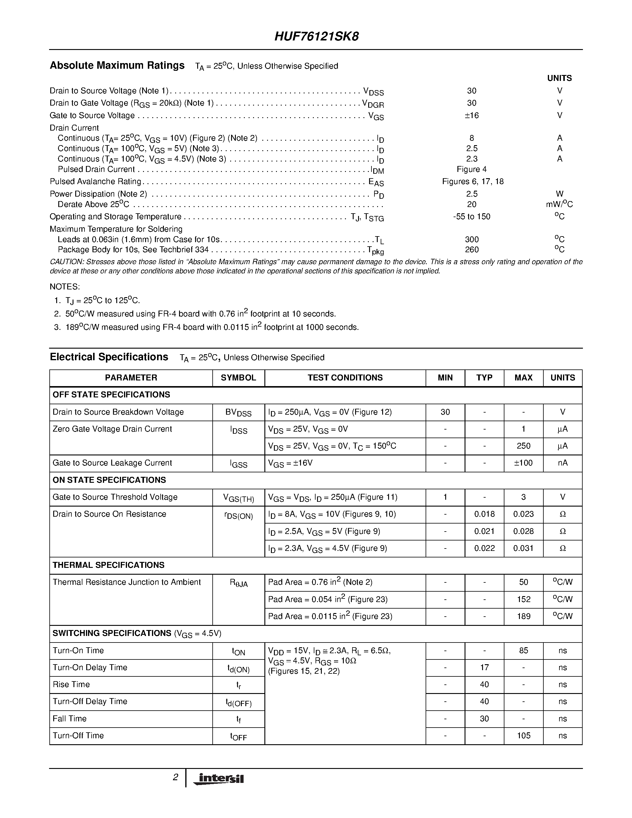 Datasheet HUF76121SK8 - 8A/ 30V/ 0.023 Ohm/ N-Channel/ Logic Level UltraFET Power MOSFET page 2