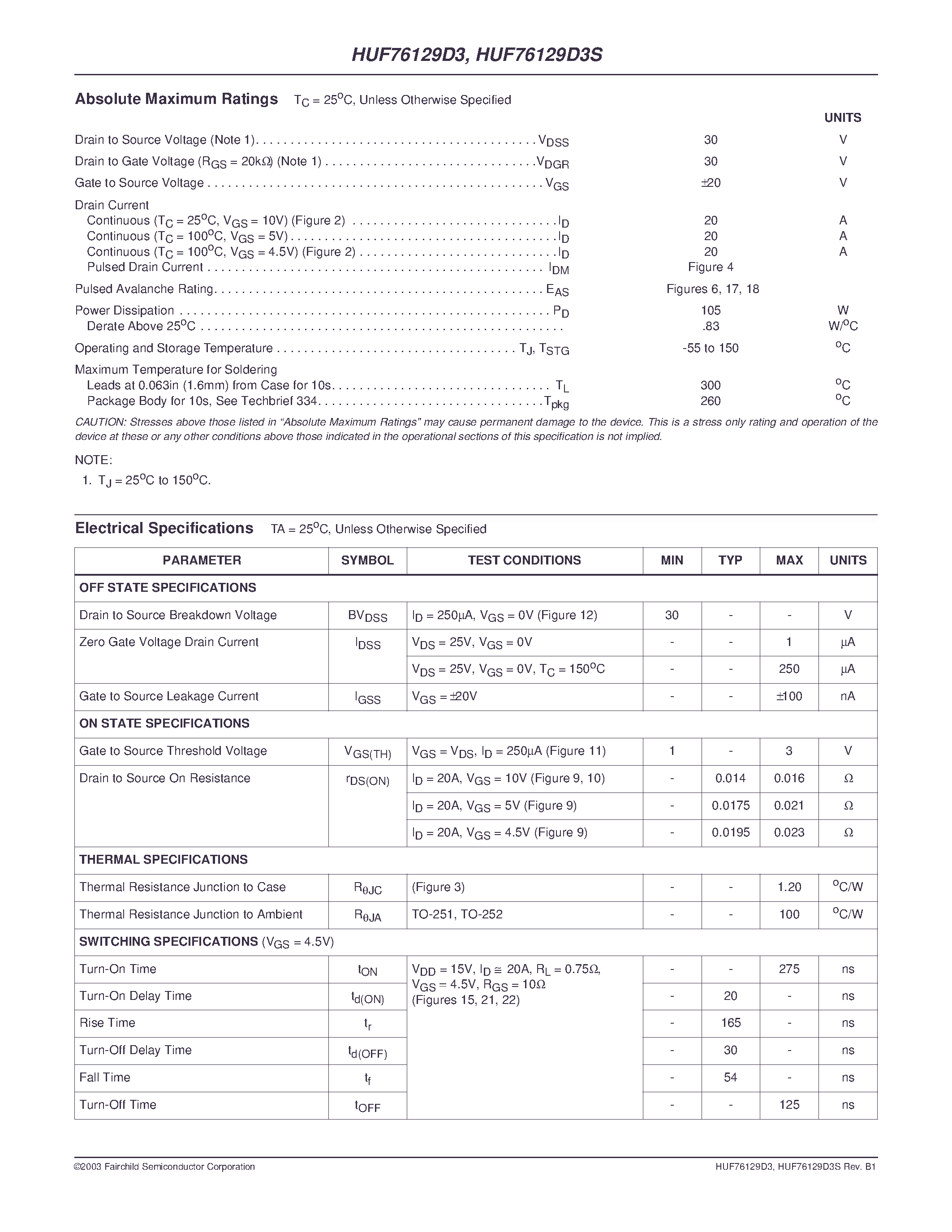 Datasheet HUF76129D3 - 20A/ 30V/ 0.016 Ohm/ N-Channel/ Logic Level UltraFET Power MOSFETs page 2