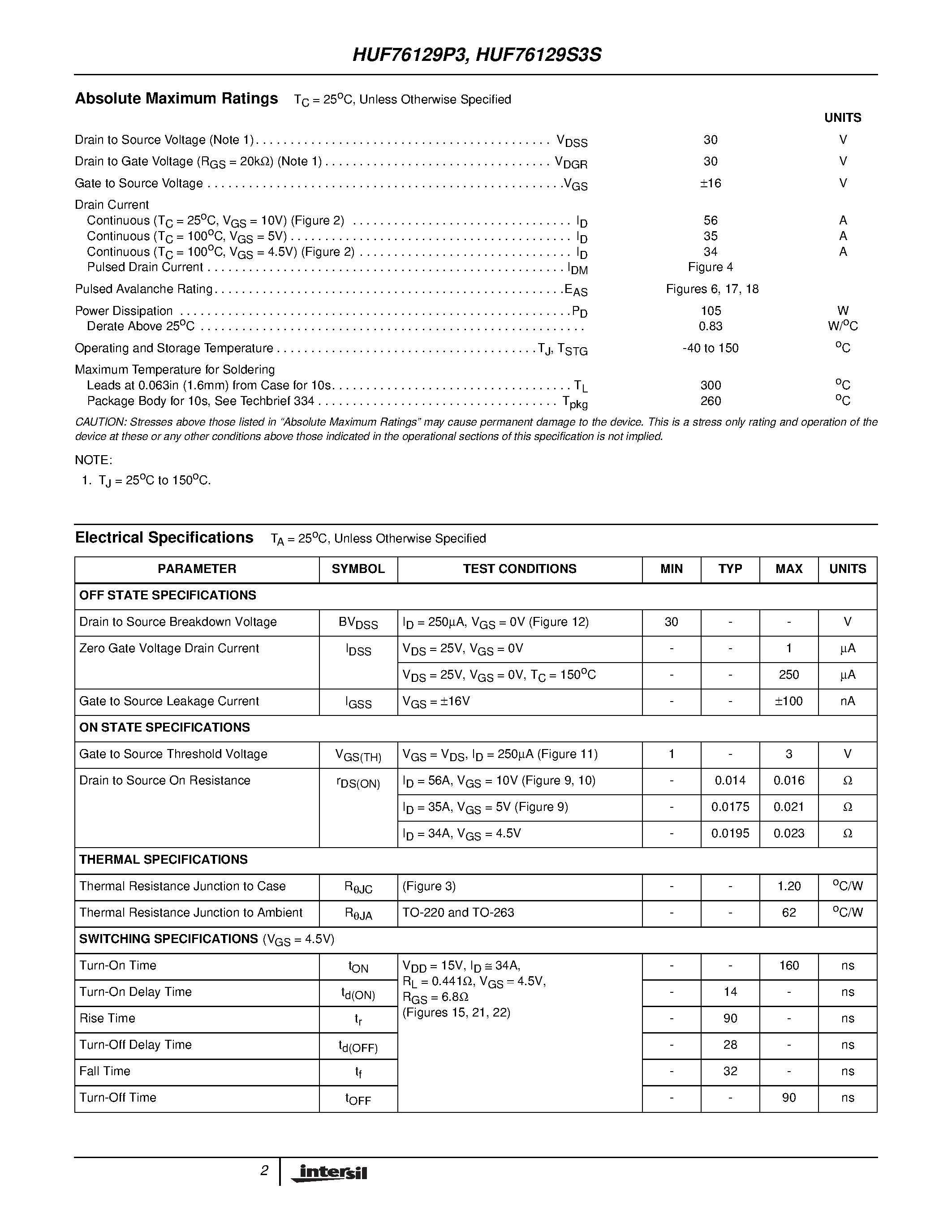 Datasheet HUF76129P3 - 56A/ 30V/ 0.016 Ohm/ N-Channel/ Logic Level UltraFET Power MOSFETs page 2
