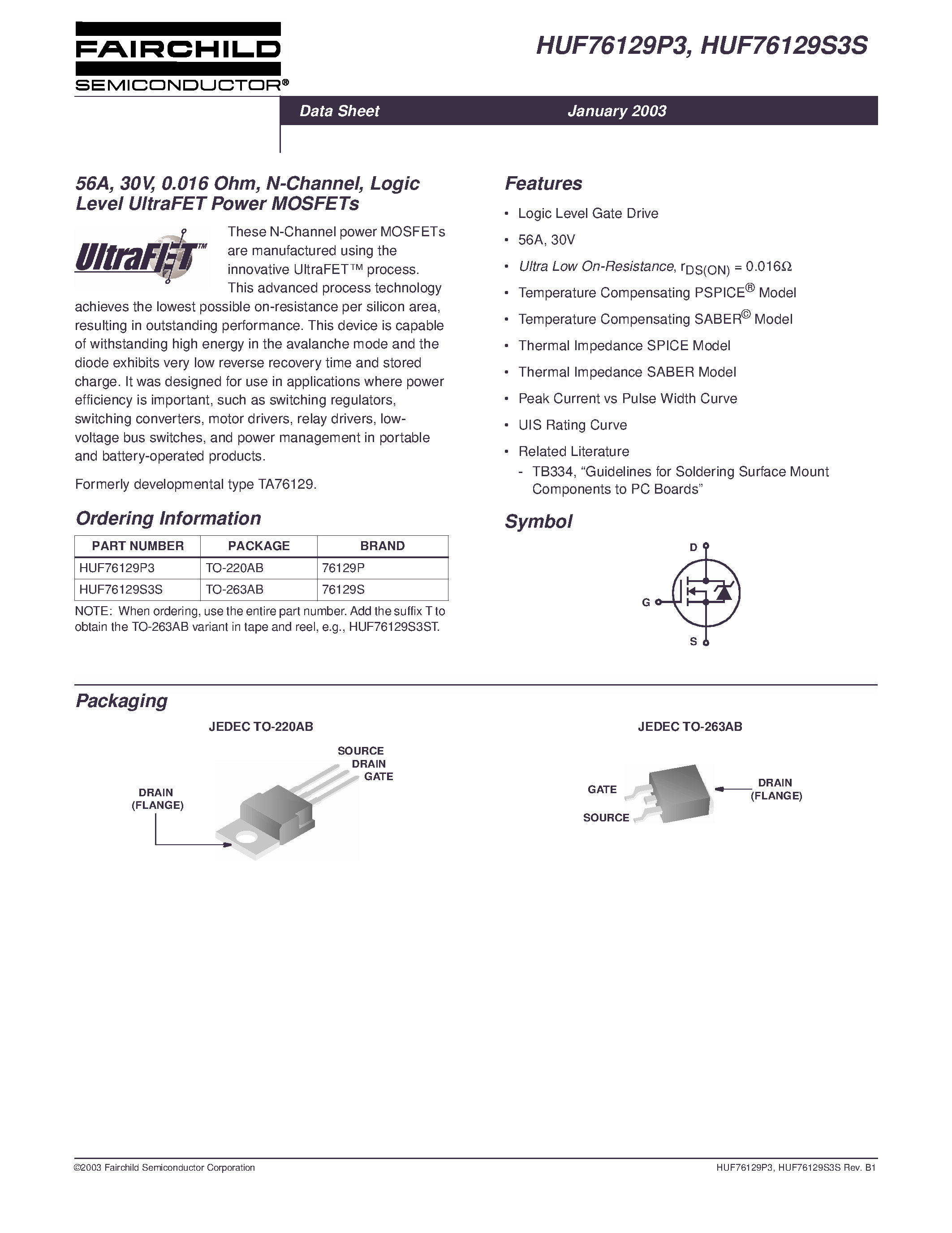 Datasheet HUF76129S3S - 56A/ 30V/ 0.016 Ohm/ N-Channel/ Logic Level UltraFET Power MOSFETs page 1