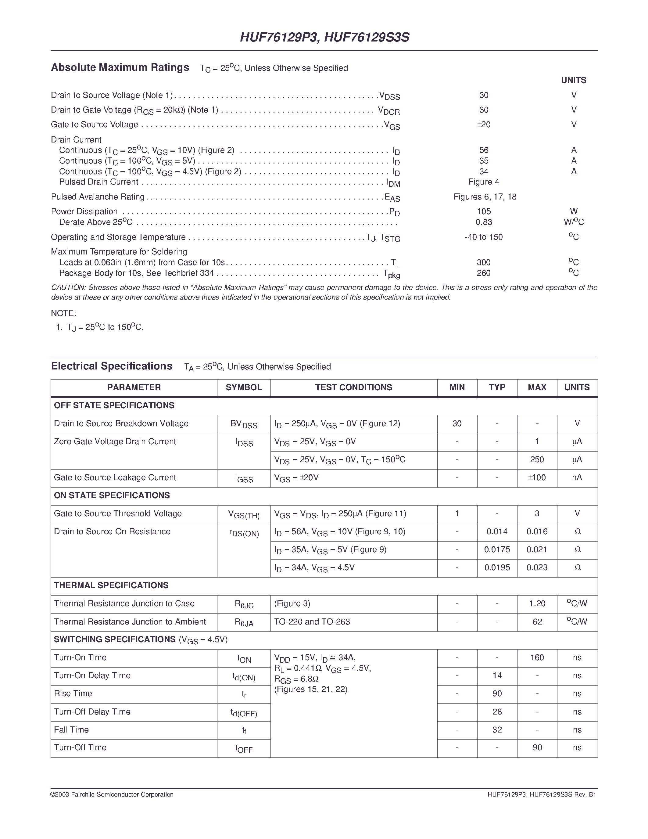 Datasheet HUF76129S3S - 56A/ 30V/ 0.016 Ohm/ N-Channel/ Logic Level UltraFET Power MOSFETs page 2
