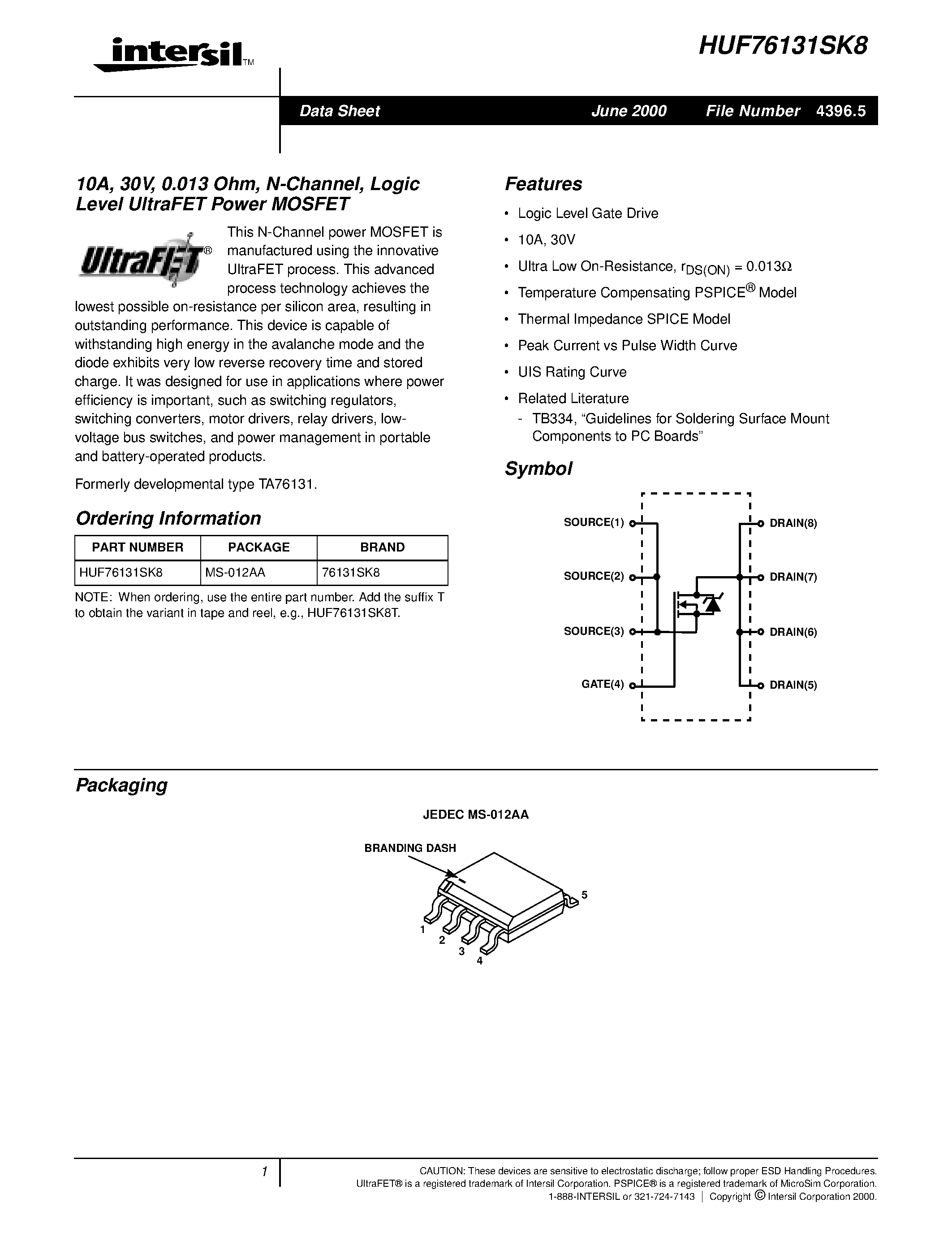 Datasheet HUF76131SK8 - 10A/ 30V/ 0.013 Ohm/ N-Channel/ Logic Level UltraFET Power MOSFET page 1