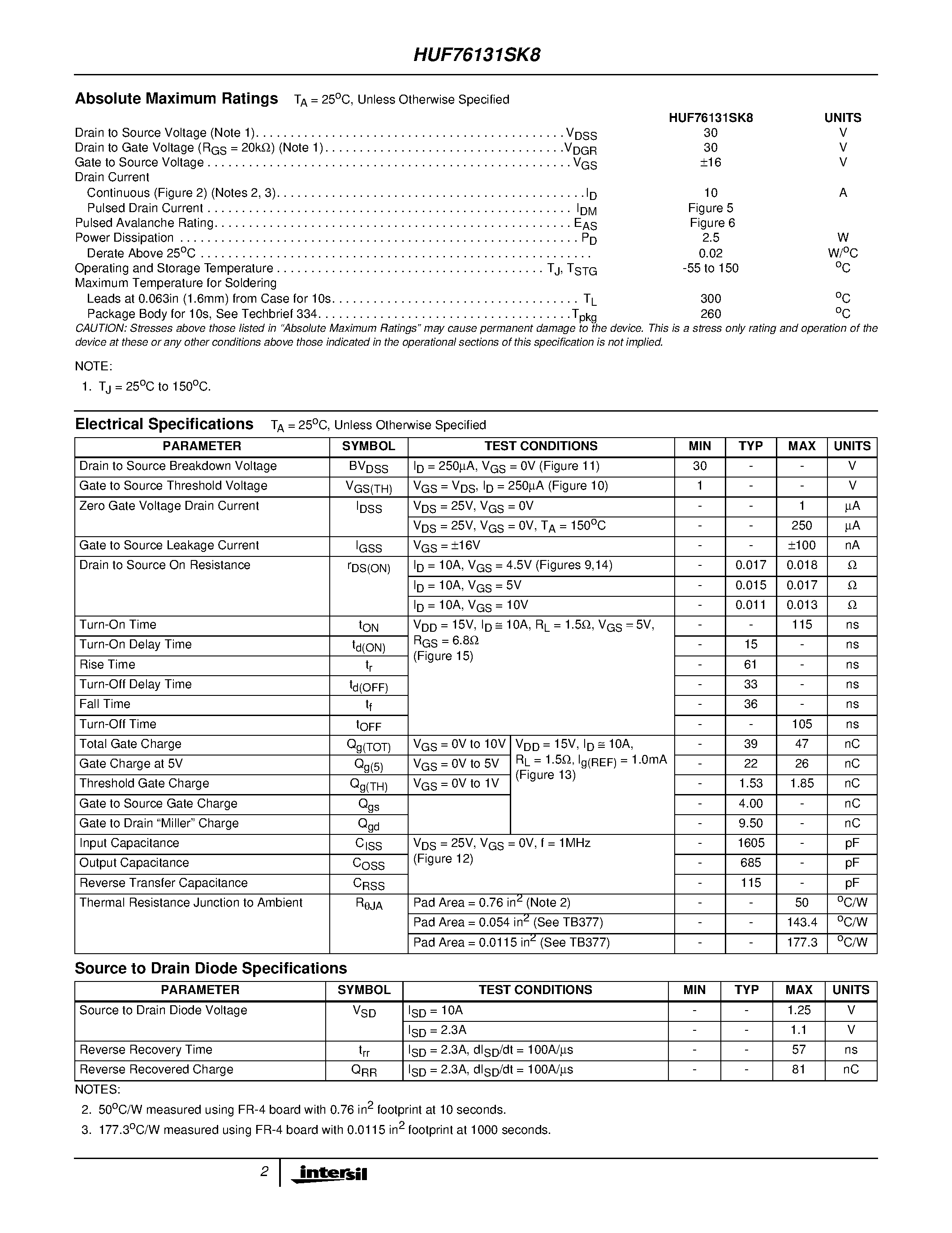Datasheet HUF76131SK8 - 10A/ 30V/ 0.013 Ohm/ N-Channel/ Logic Level UltraFET Power MOSFET page 2