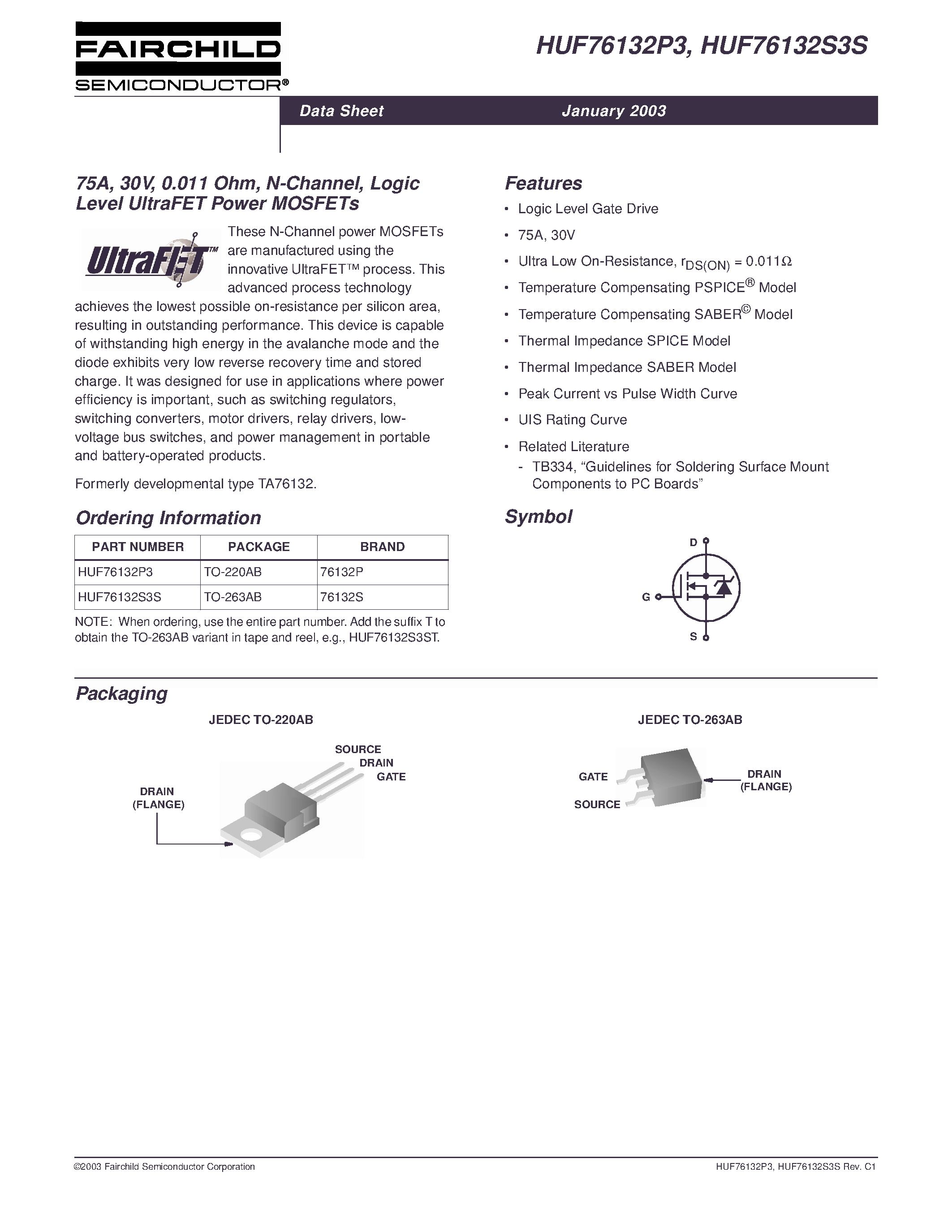 Даташит HUF76132S3S - 75A/ 30V/ 0.011 Ohm/ N-Channel/ Logic Level UltraFET Power MOSFETs страница 1
