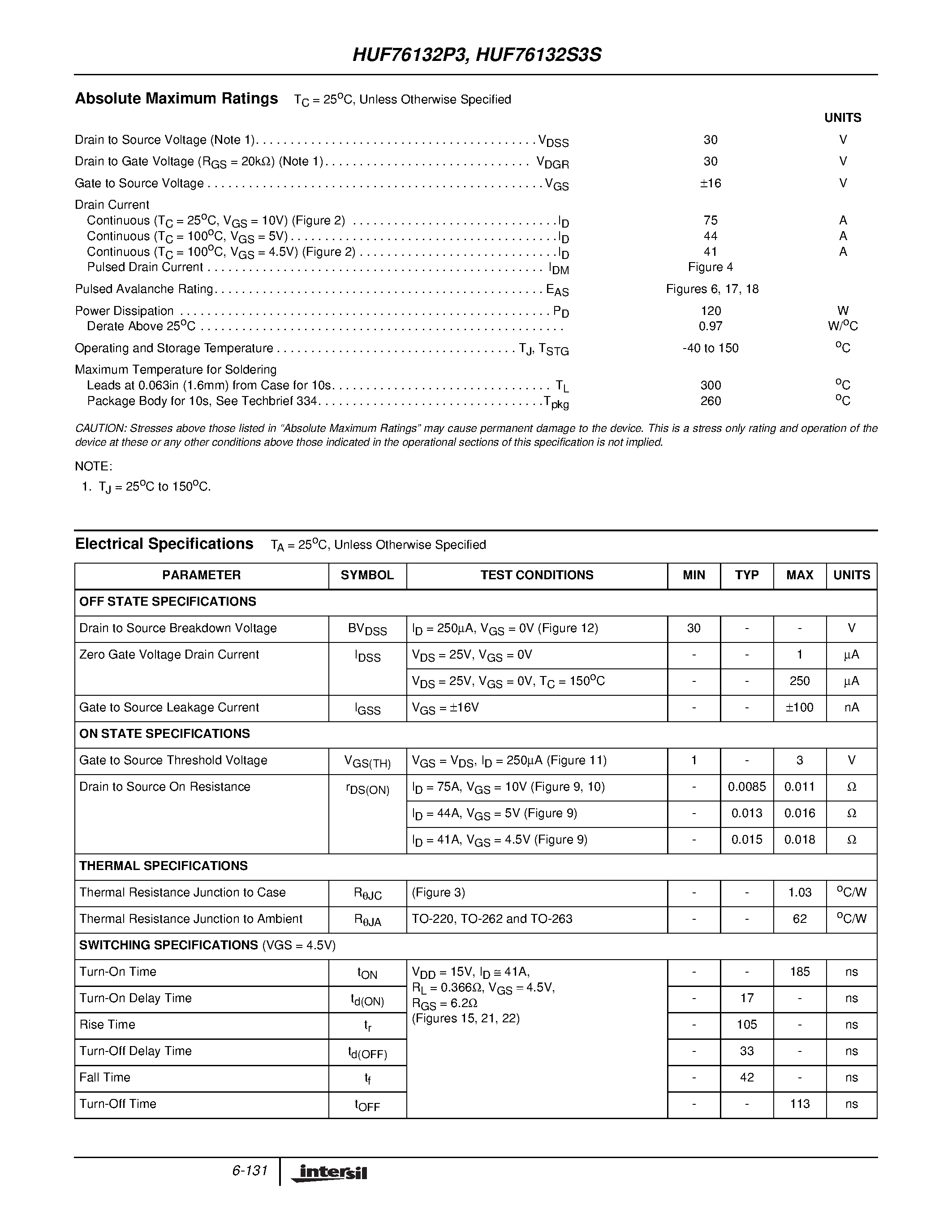 Datasheet HUF76132S3S page 2 Datasheet HUF76132S3S - 75A/ 30V/ 0.011 Ohm/ N-Channel/ Logic Level UltraFET Power MOSFETs page 2