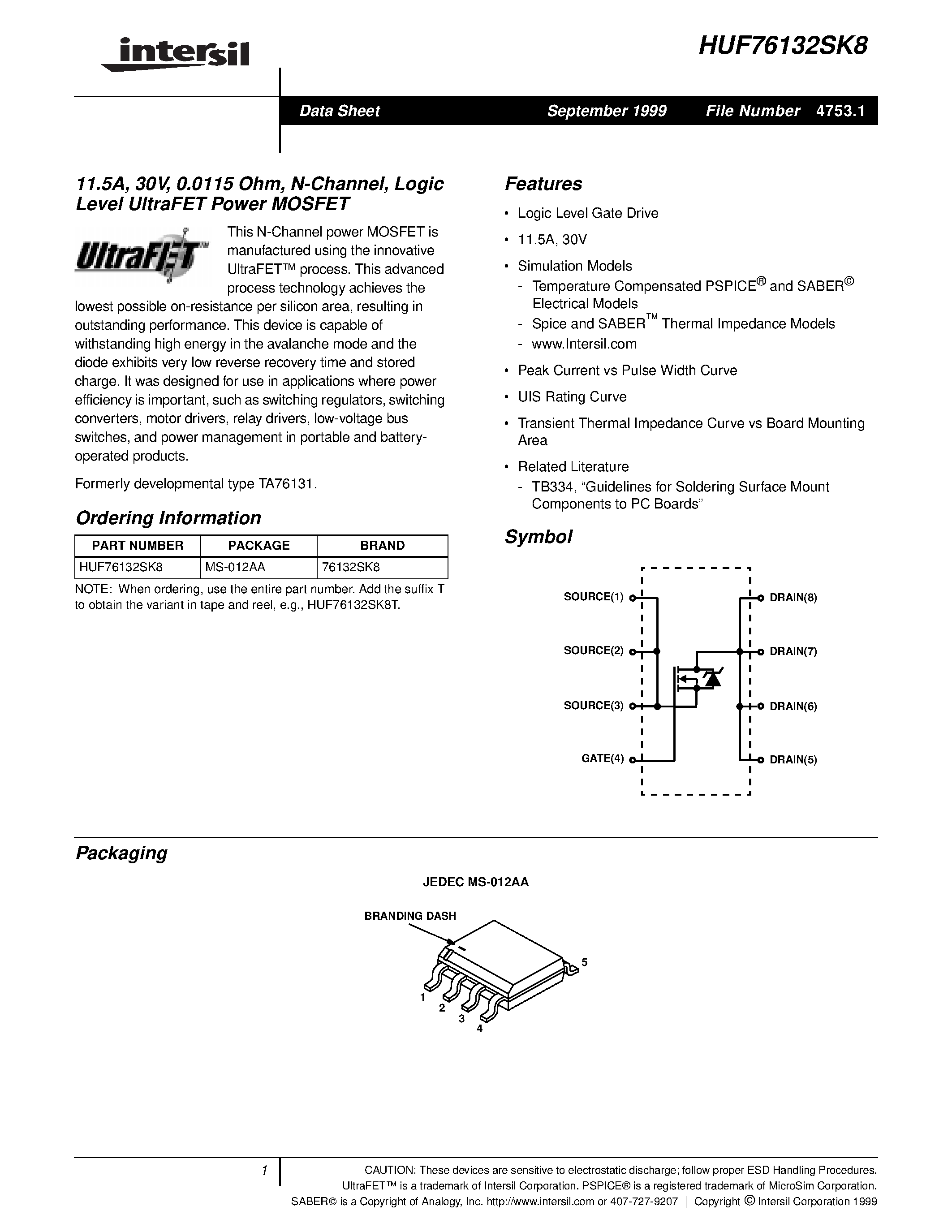 Datasheet HUF76132SK8 - 11.5A/ 30V/ 0.0115 Ohm/ N-Channel/ Logic Level UltraFET Power MOSFET page 1
