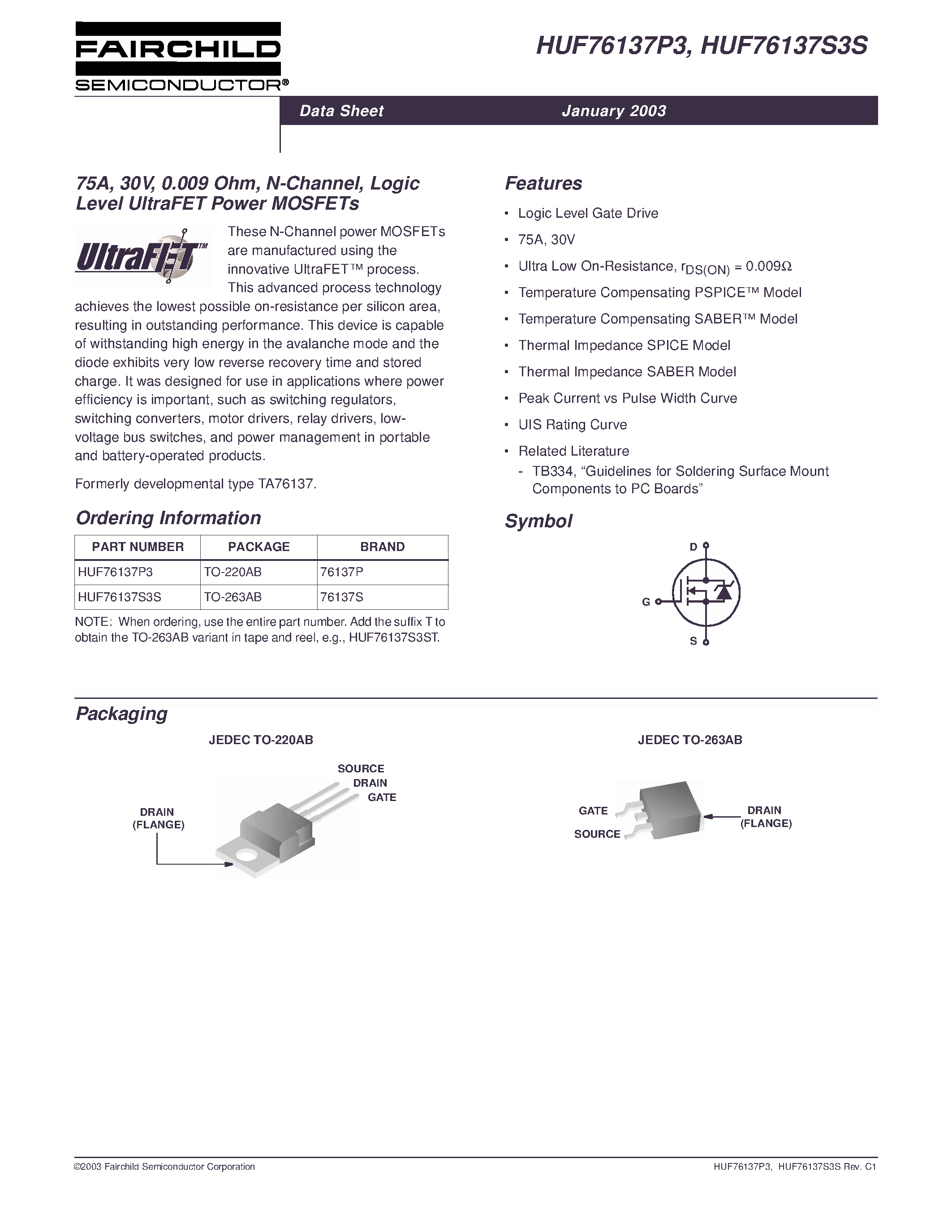 Datasheet HUF76137P3 - 75A/ 30V/ 0.009 Ohm/ N-Channel/ Logic Level UltraFET Power MOSFETs page 1