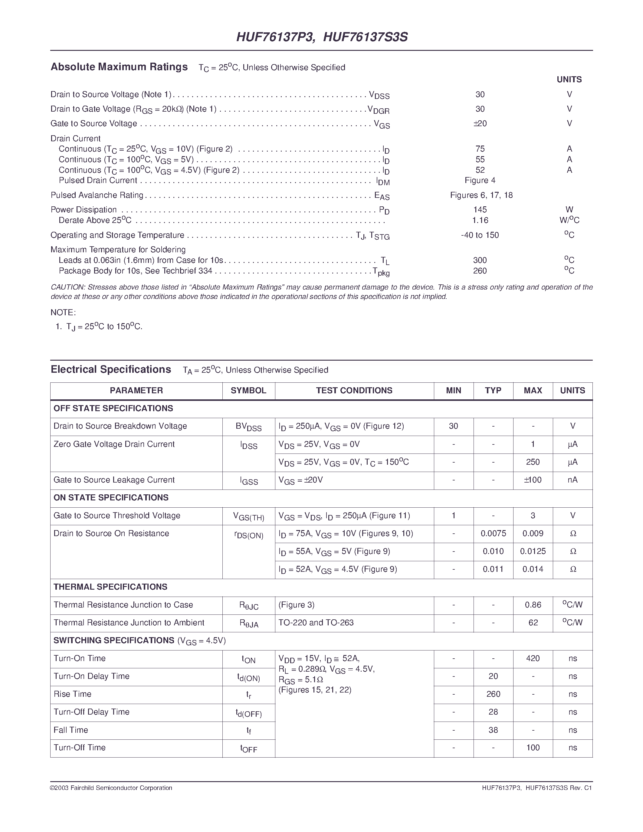 Datasheet HUF76137P3 - 75A/ 30V/ 0.009 Ohm/ N-Channel/ Logic Level UltraFET Power MOSFETs page 2