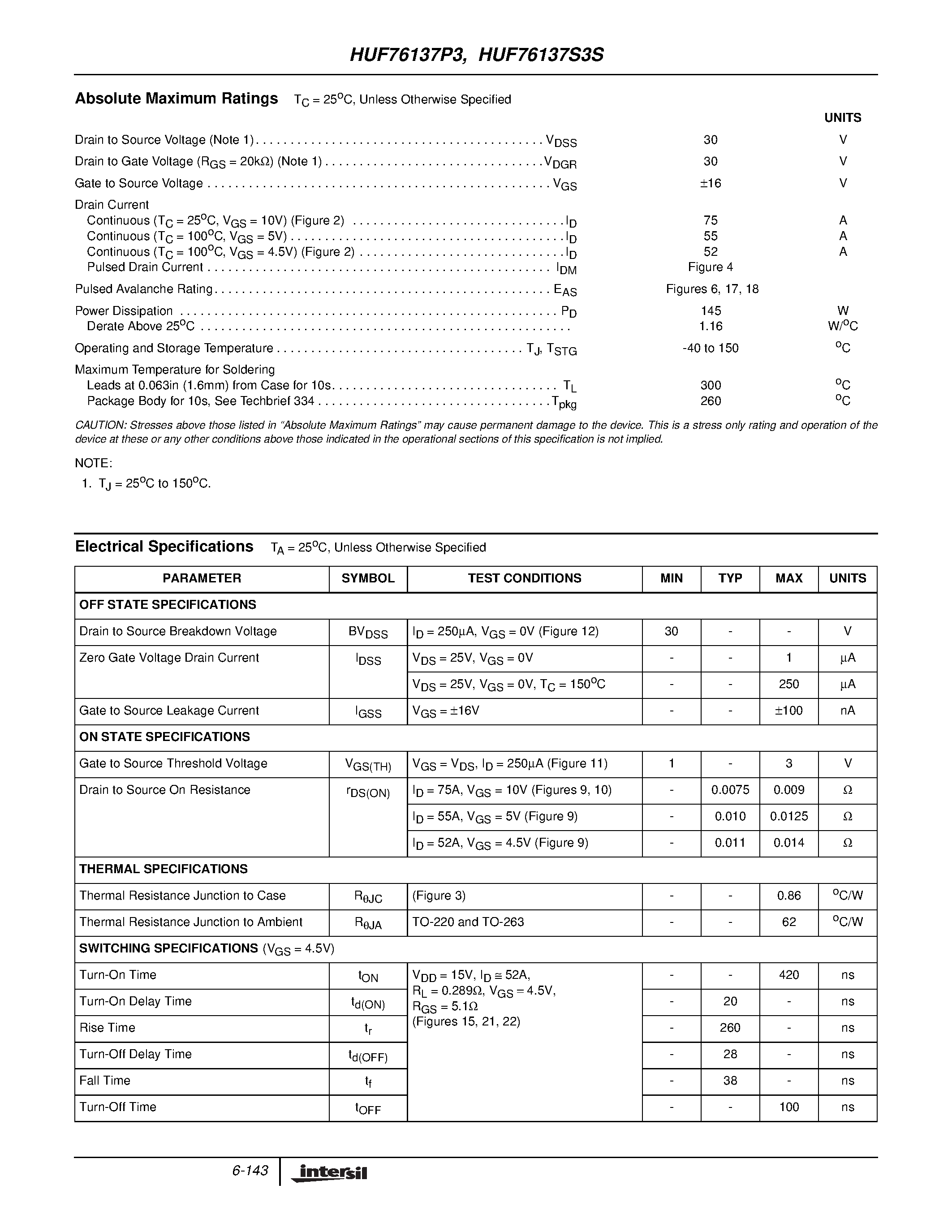 Datasheet HUF76137P3 page 2 Datasheet HUF76137P3 - 75A/ 30V/ 0.009 Ohm/ N-Channel/ Logic Level UltraFET Power MOSFETs page 2