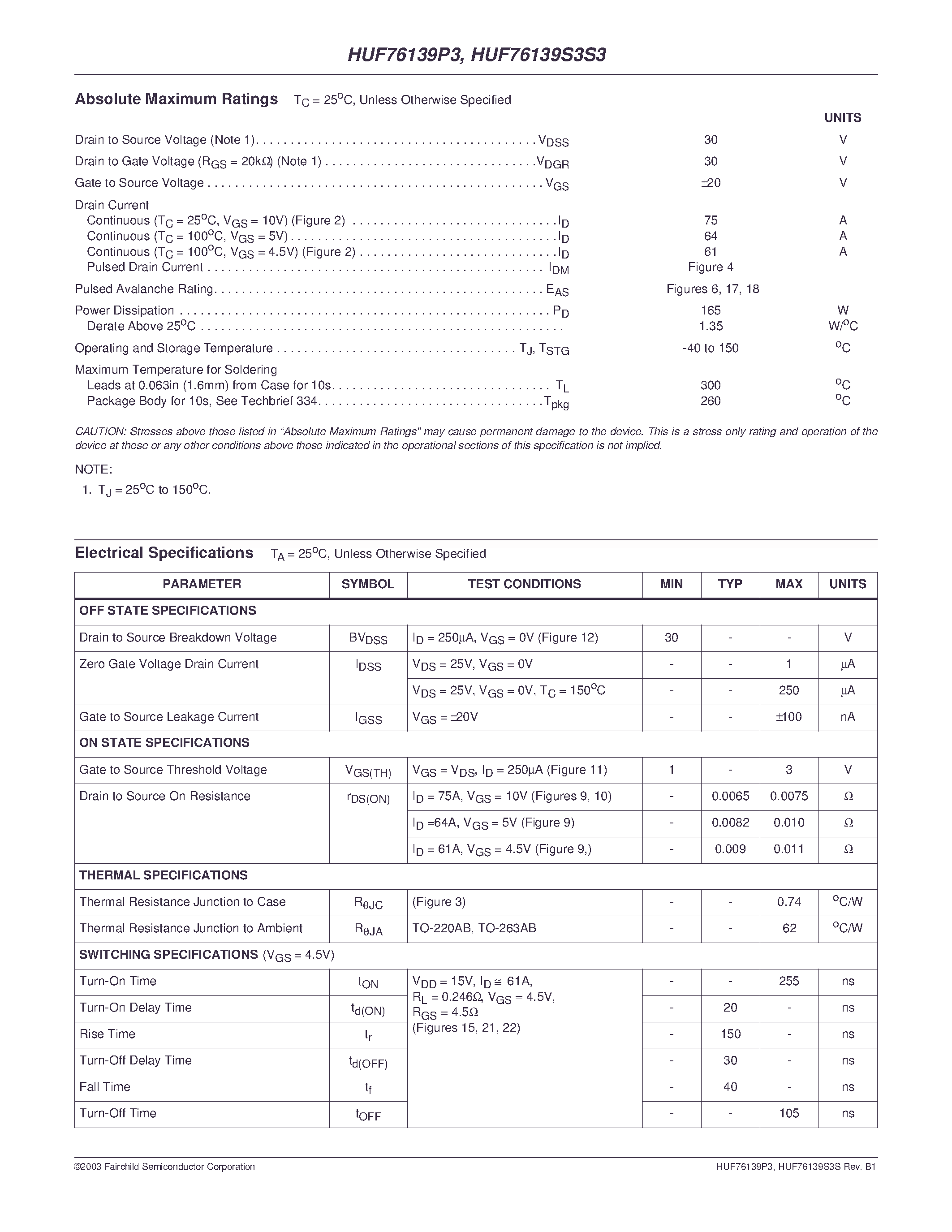 Datasheet HUF76139P3 page 2 Datasheet HUF76139P3 - 75A/ 30V/ 0.0075 Ohm/ N-Channel/ Logic Level UltraFET Power MOSFETs page 2