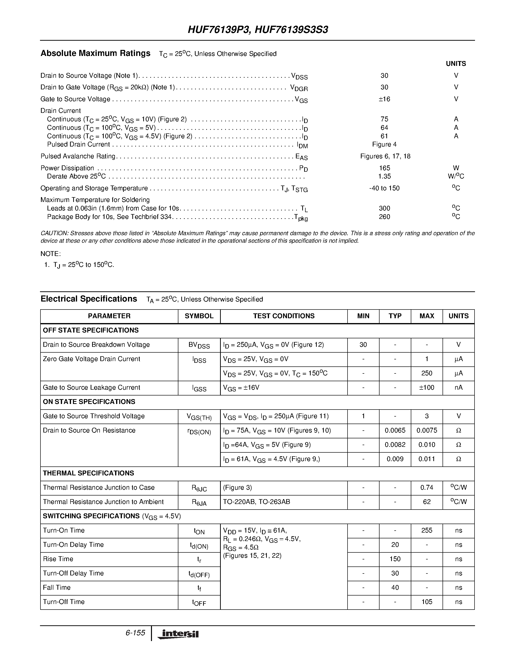 Datasheet HUF76139P3 - 75A/ 30V/ 0.0075 Ohm/ N-Channel/ Logic Level UltraFET Power MOSFETs page 2