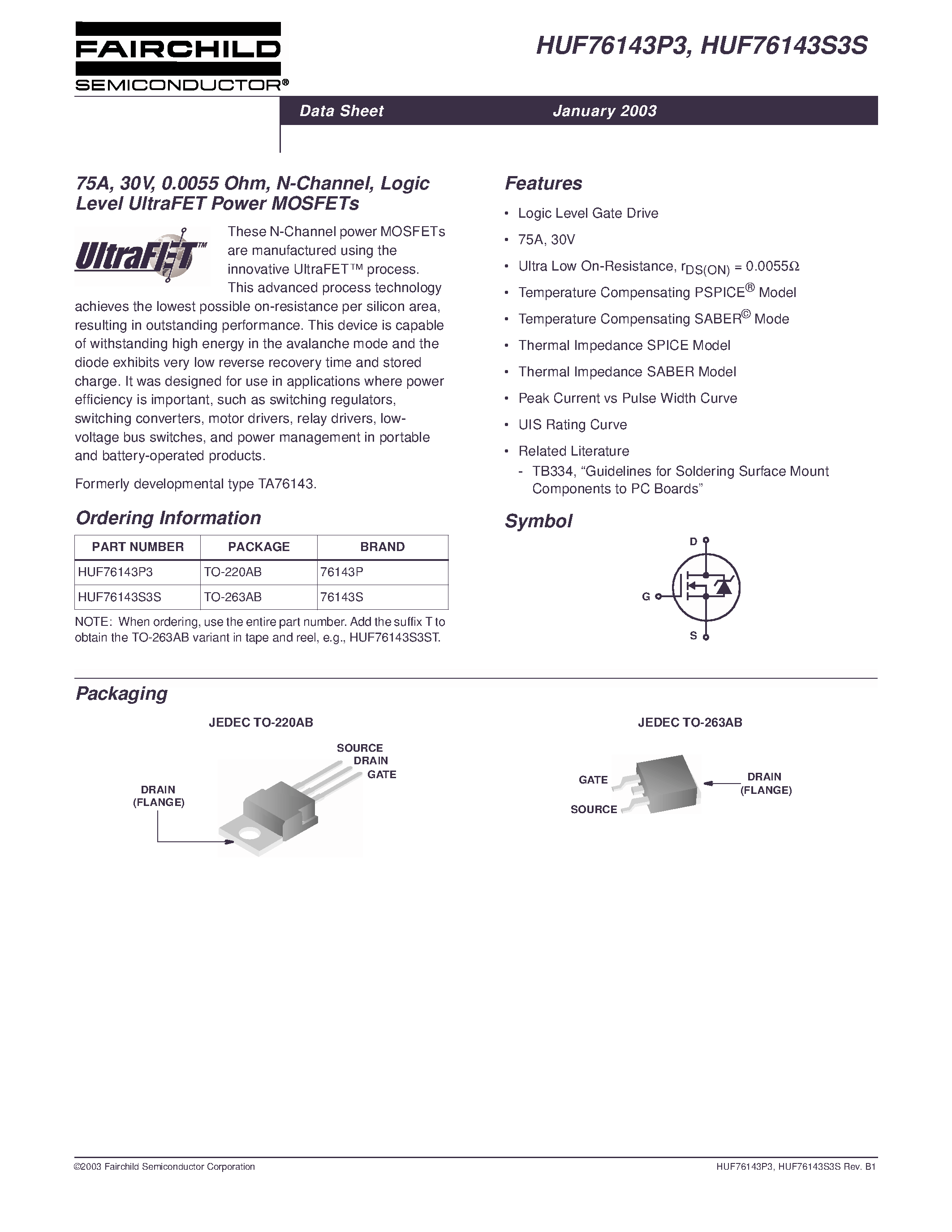 Datasheet HUF76143P3 - 75A/ 30V/ 0.0055 Ohm/ N-Channel/ Logic Level UltraFET Power MOSFETs page 1