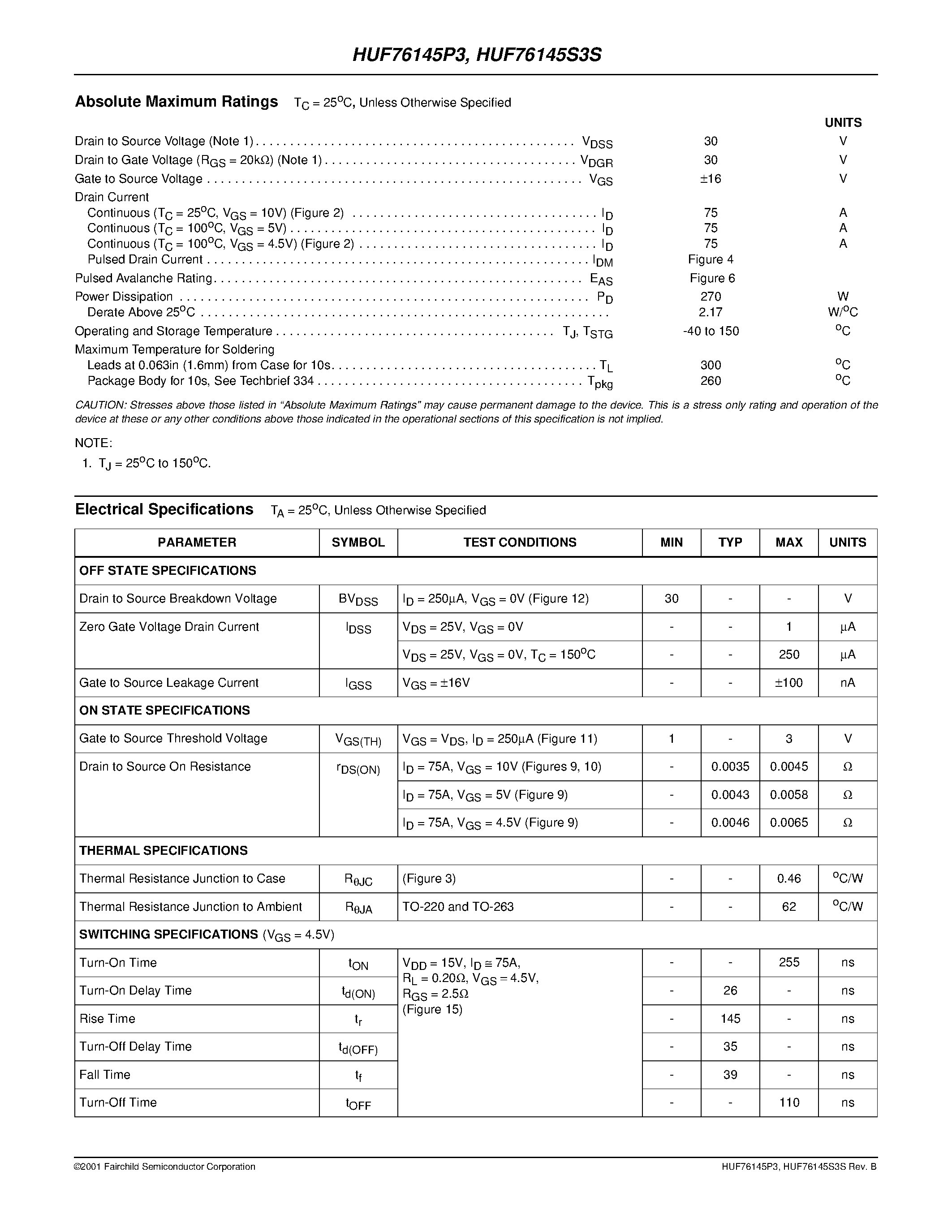 Datasheet HUF76145P3 page 2 Datasheet HUF76145P3 - 75A/ 30V/ 0.0045 Ohm/ N-Channel/ Logic Level UltraFET Power MOSFETs page 2