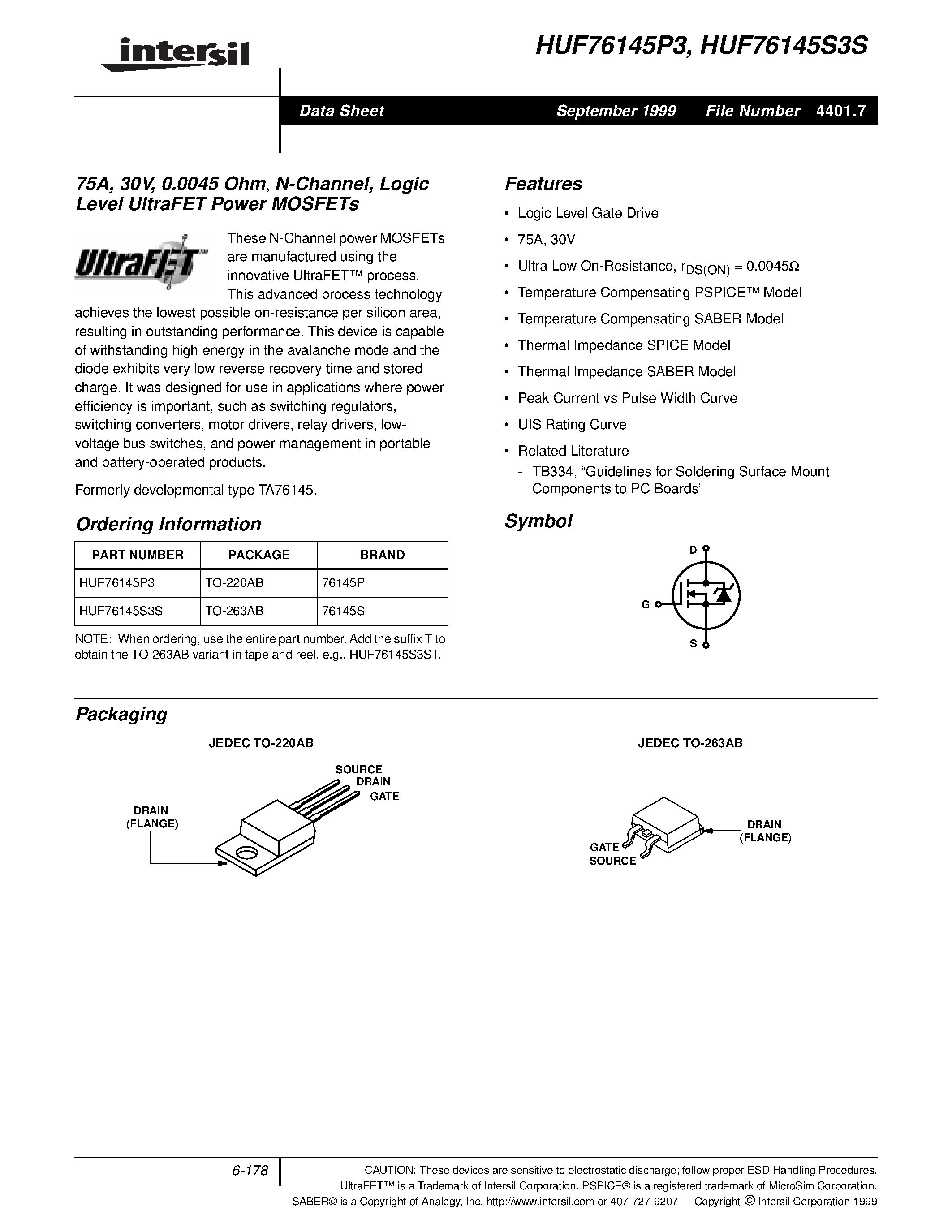 Datasheet HUF76145P3 - 75A/ 30V/ 0.0045 Ohm/ N-Channel/ Logic Level UltraFET Power MOSFETs page 1