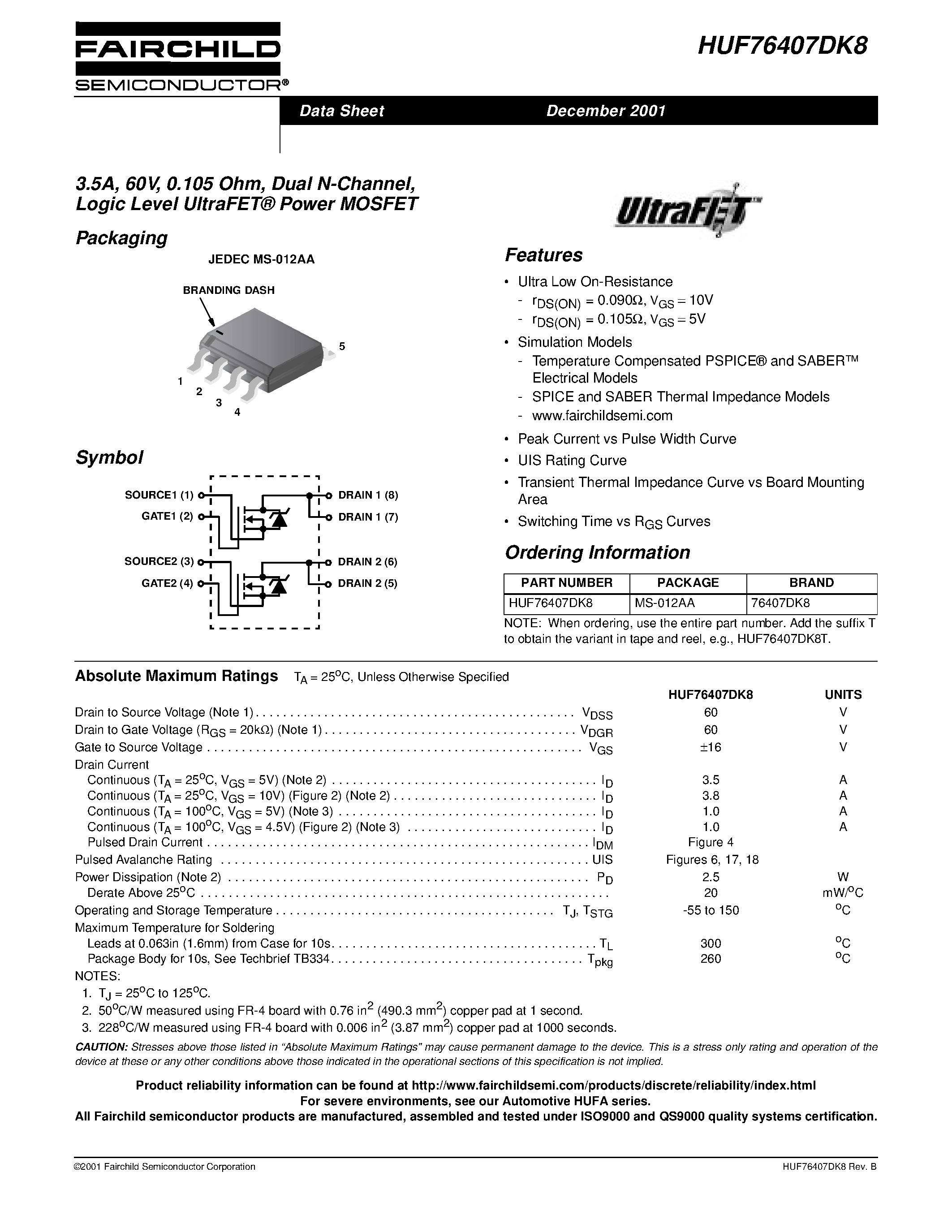 Datasheet HUF76407DK8 - 3.5A/ 60V/ 0.105 Ohm/ Dual N-Channel/ Logic Level UltraFET Power MOSFET page 1