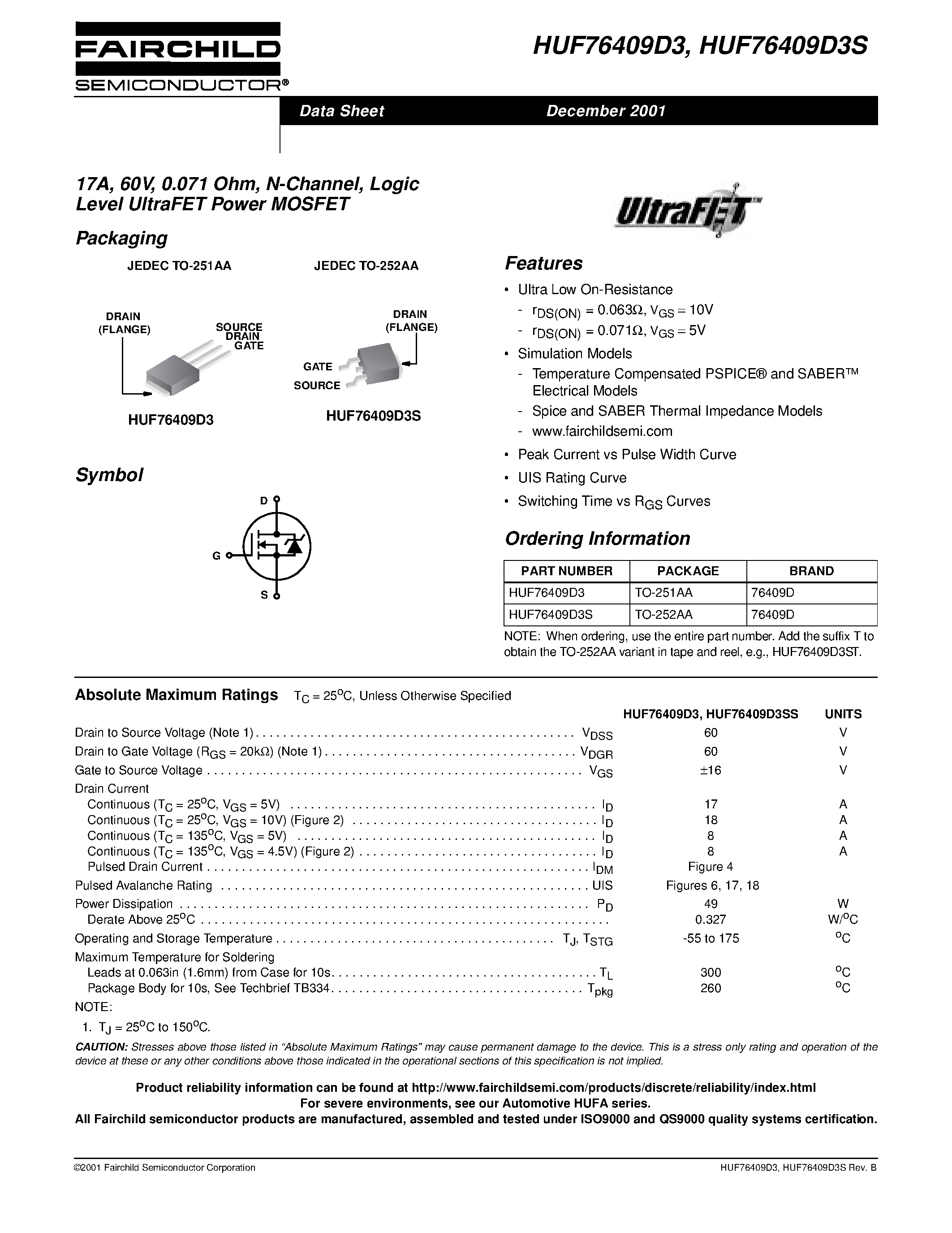 Datasheet HUF76409D3 - 17A/ 60V/ 0.071 Ohm/ N-Channel/ Logic Level UltraFET Power MOSFET page 1