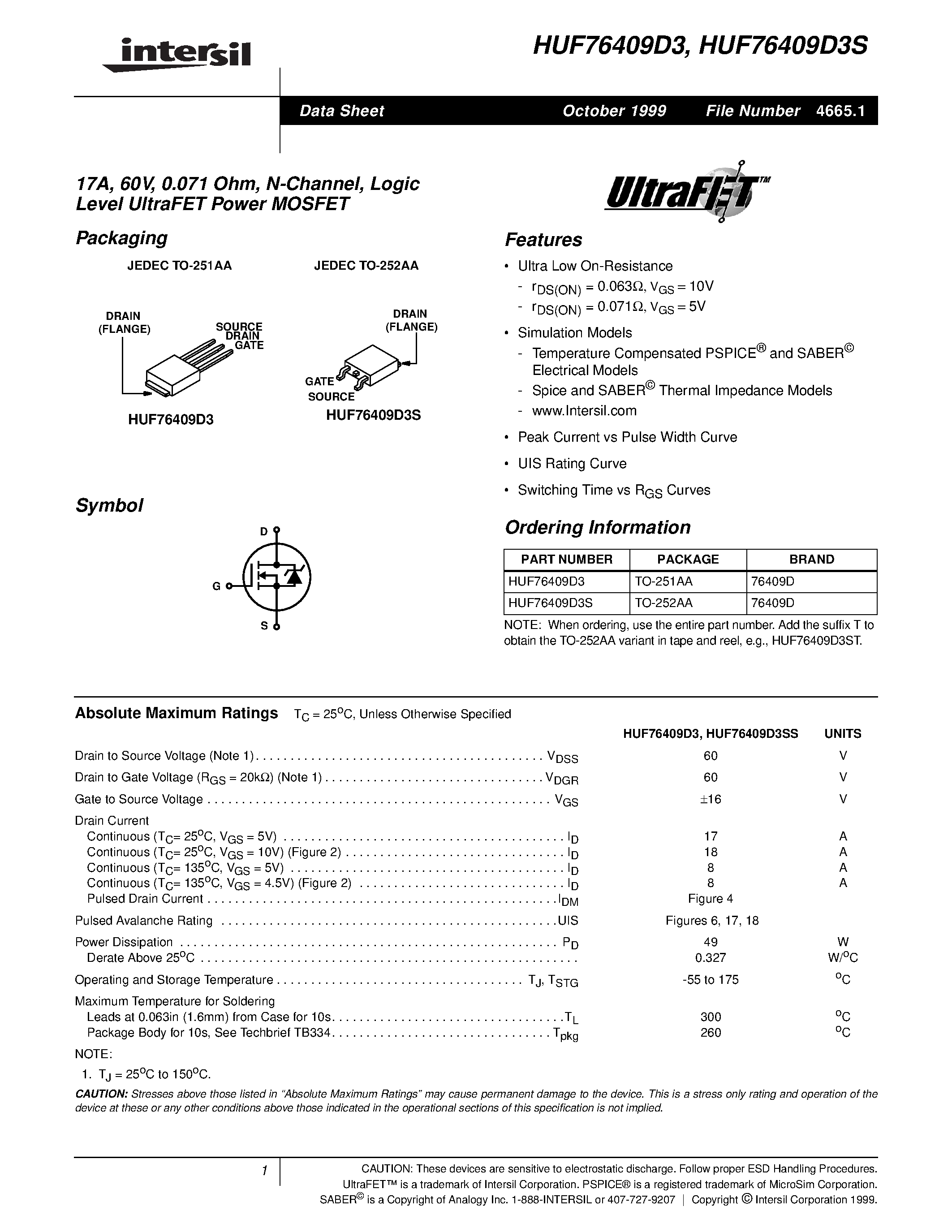 Datasheet HUF76409D3S - 17A/ 60V/ 0.071 Ohm/ N-Channel/ Logic Level UltraFET Power MOSFET page 1