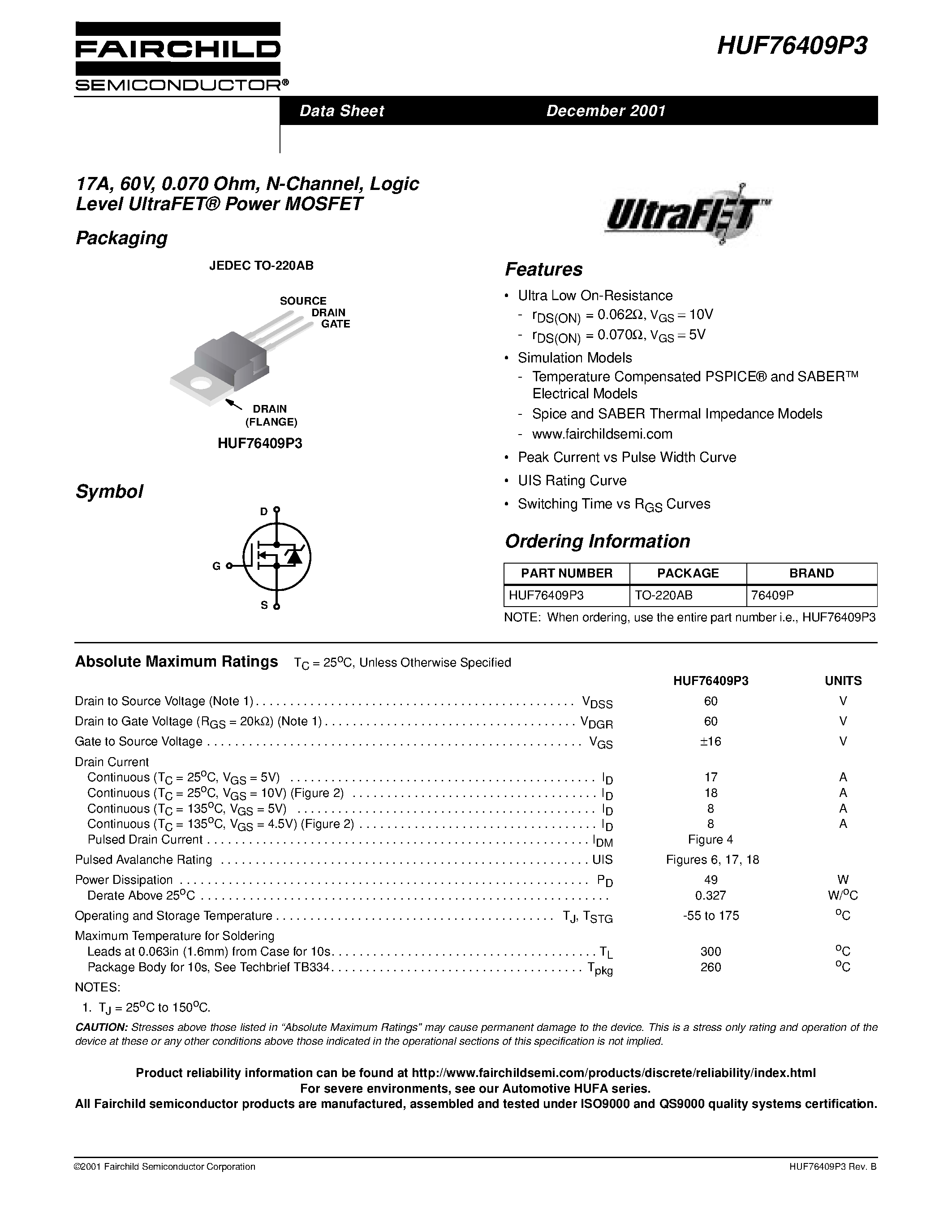 Datasheet HUF76409P3 - 17A/ 60V/ 0.070 Ohm/ N-Channel/ Logic Level UltraFET Power MOSFET page 1