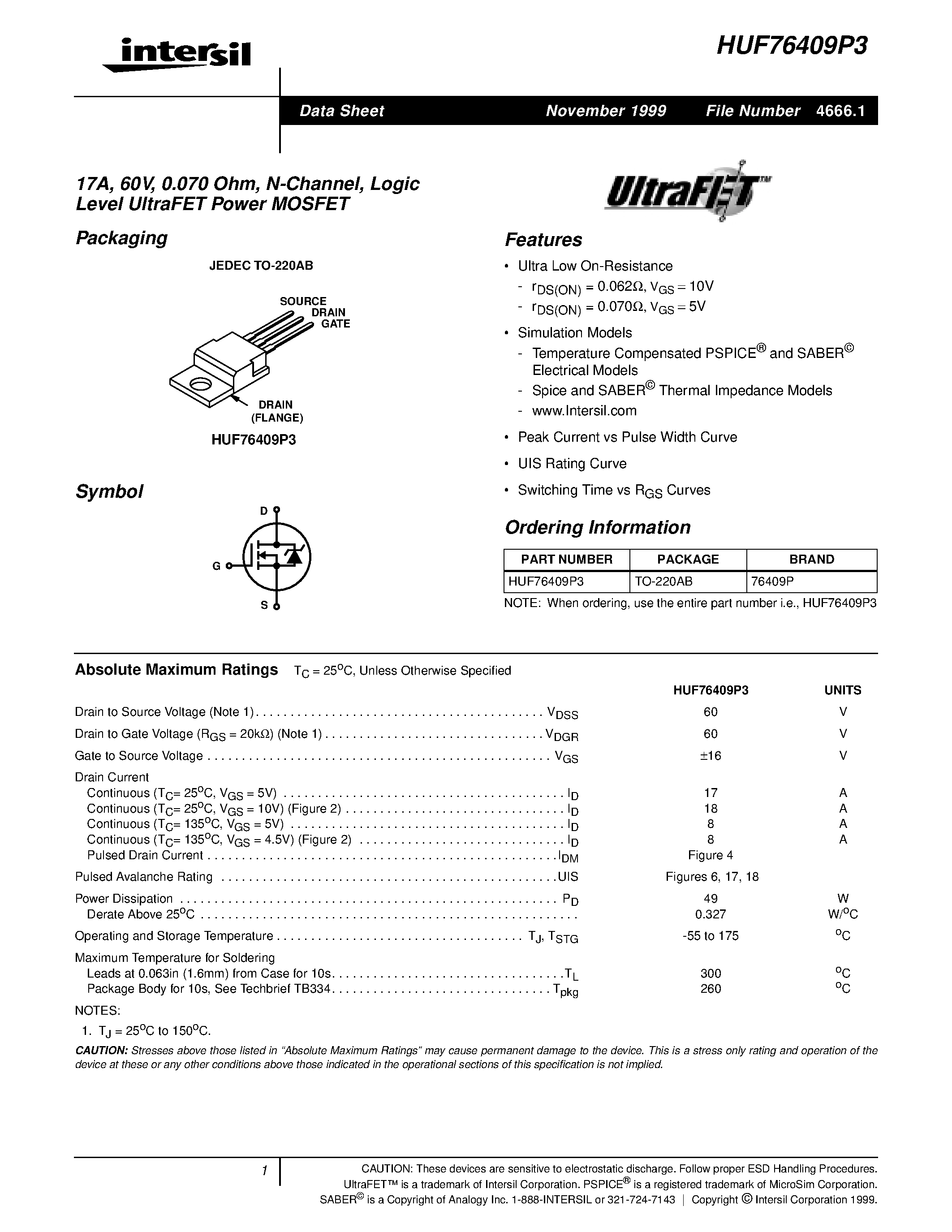 Datasheet HUF76409P3 - 17A/ 60V/ 0.070 Ohm/ N-Channel/ Logic Level UltraFET Power MOSFET page 1