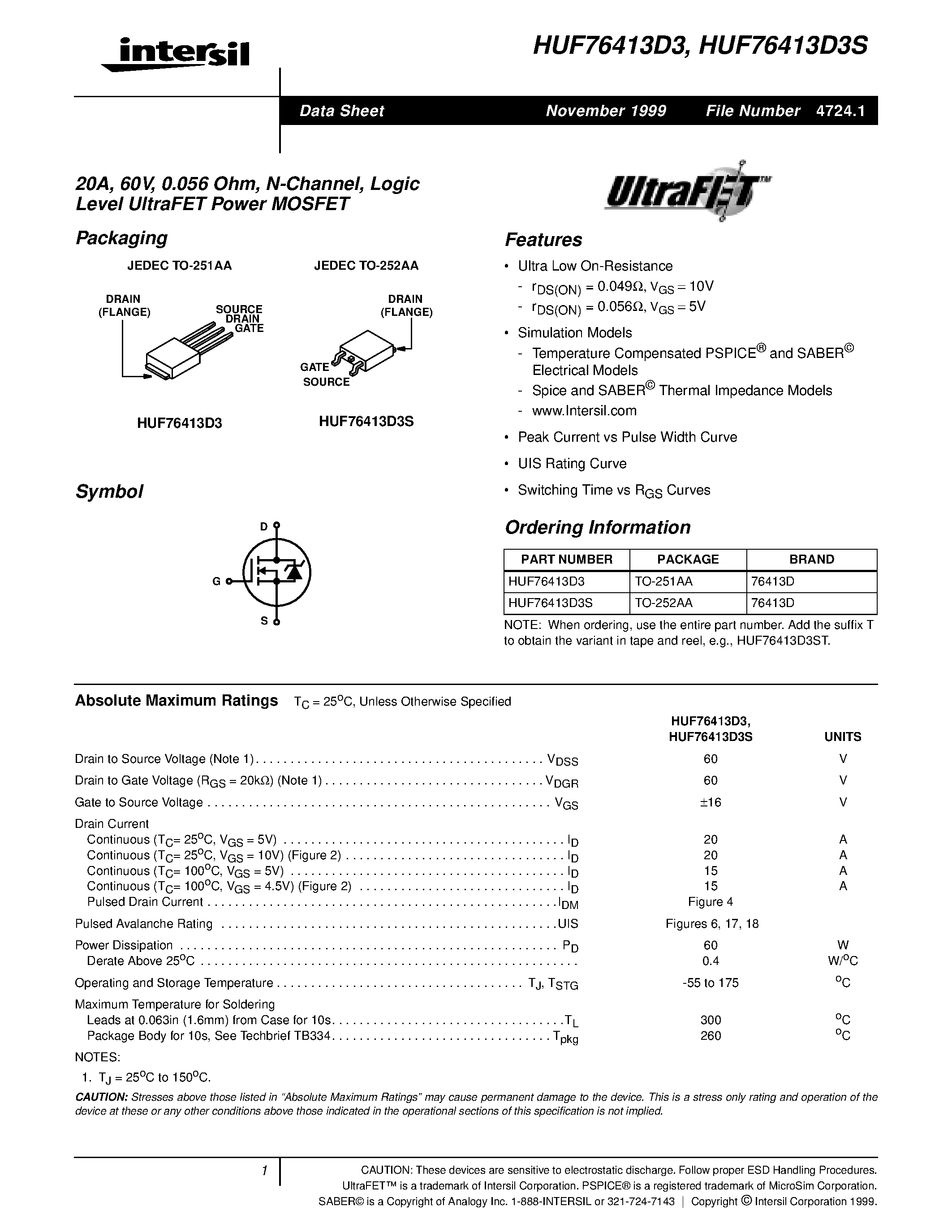 Datasheet HUF76413D3 - 20A/ 60V/ 0.056 Ohm/ N-Channel/ Logic Level UltraFET Power MOSFET page 1