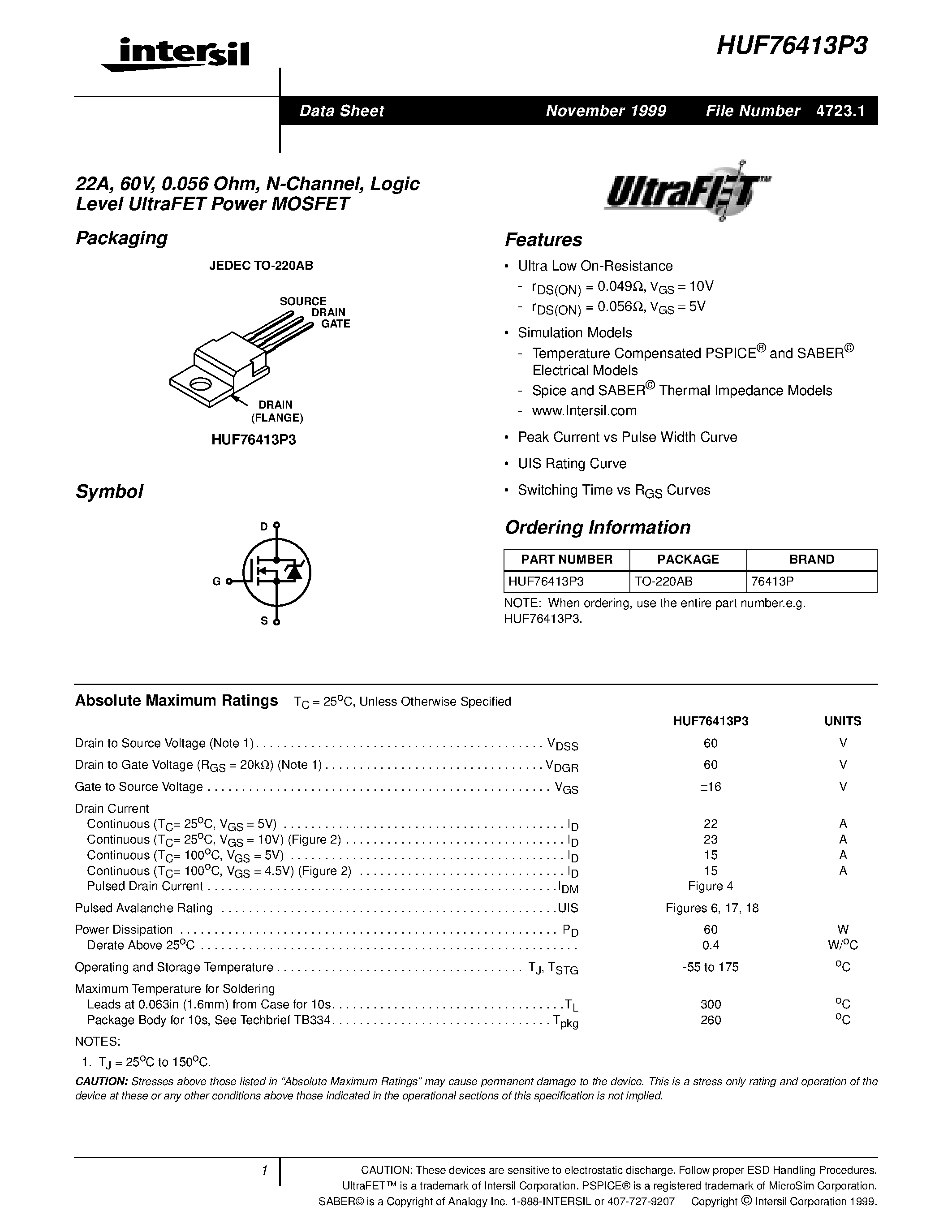 Datasheet HUF76413P3 - 22A/ 60V/ 0.056 Ohm/ N-Channel/ Logic Level UltraFET Power MOSFET page 1