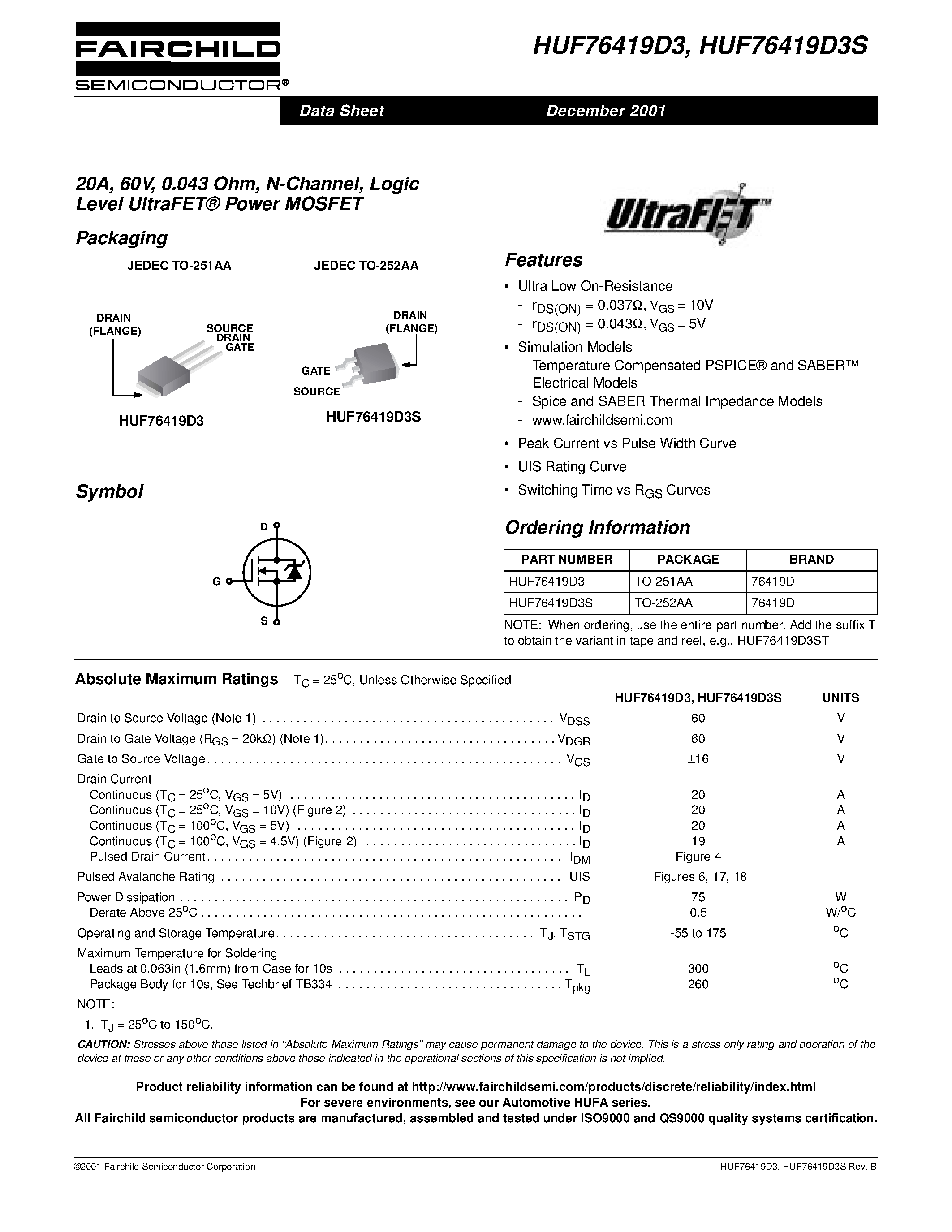 Datasheet HUF76419D3S - 20A/ 60V/ 0.043 Ohm/ N-Channel/ Logic Level UltraFET Power MOSFET page 1