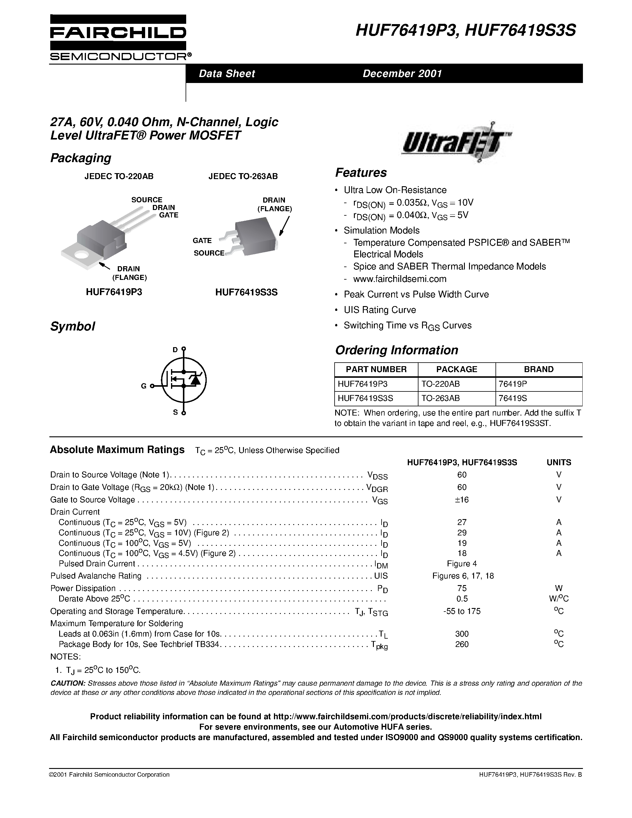Datasheet HUF76437P3 - 64A/ 60V/ 0.017 Ohm/ N-Channel/ Logic Level UltraFET Power MOSFET page 1