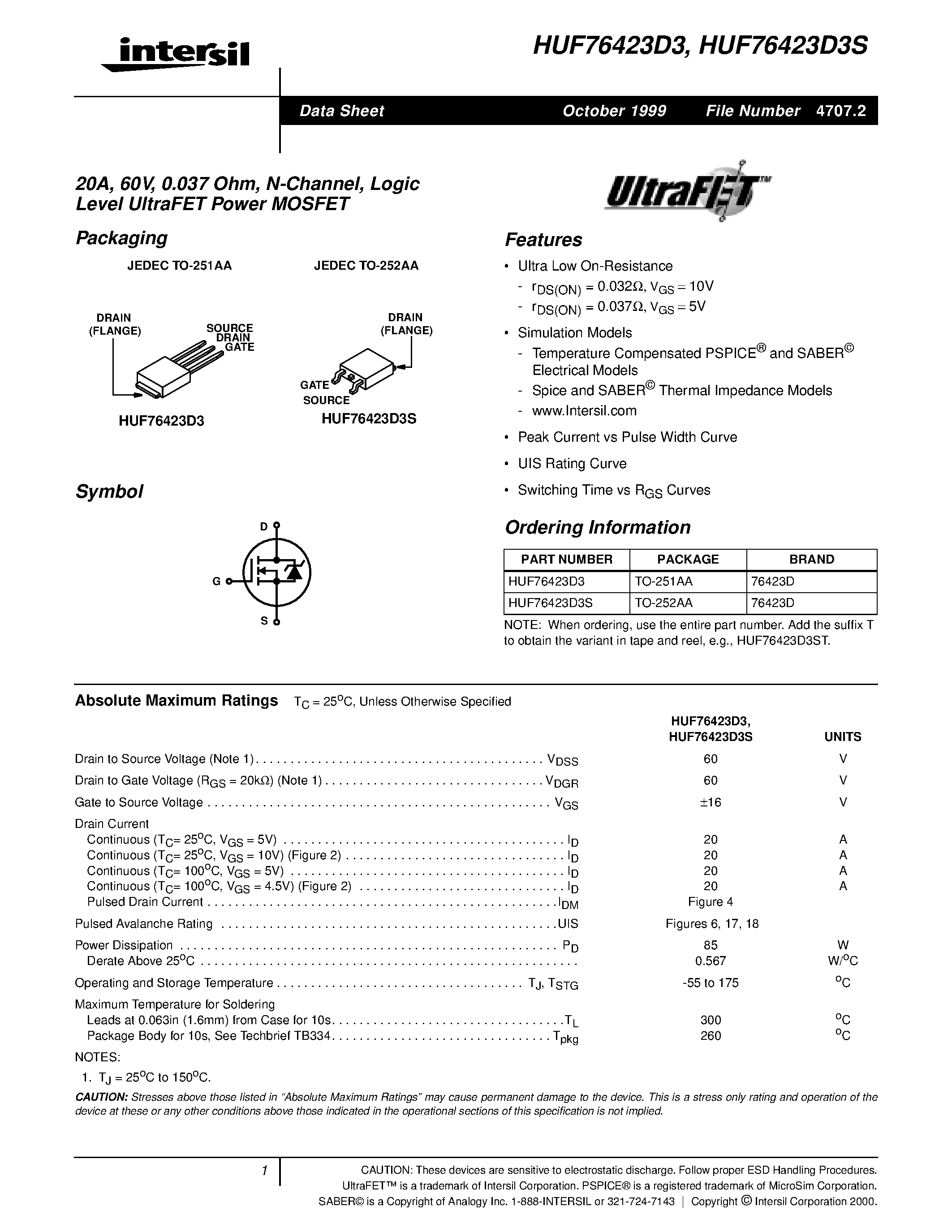 Datasheet HUF76419S3S - 27A/ 60V/ 0.040 Ohm/ N-Channel/ Logic Level UltraFET Power MOSFET page 1
