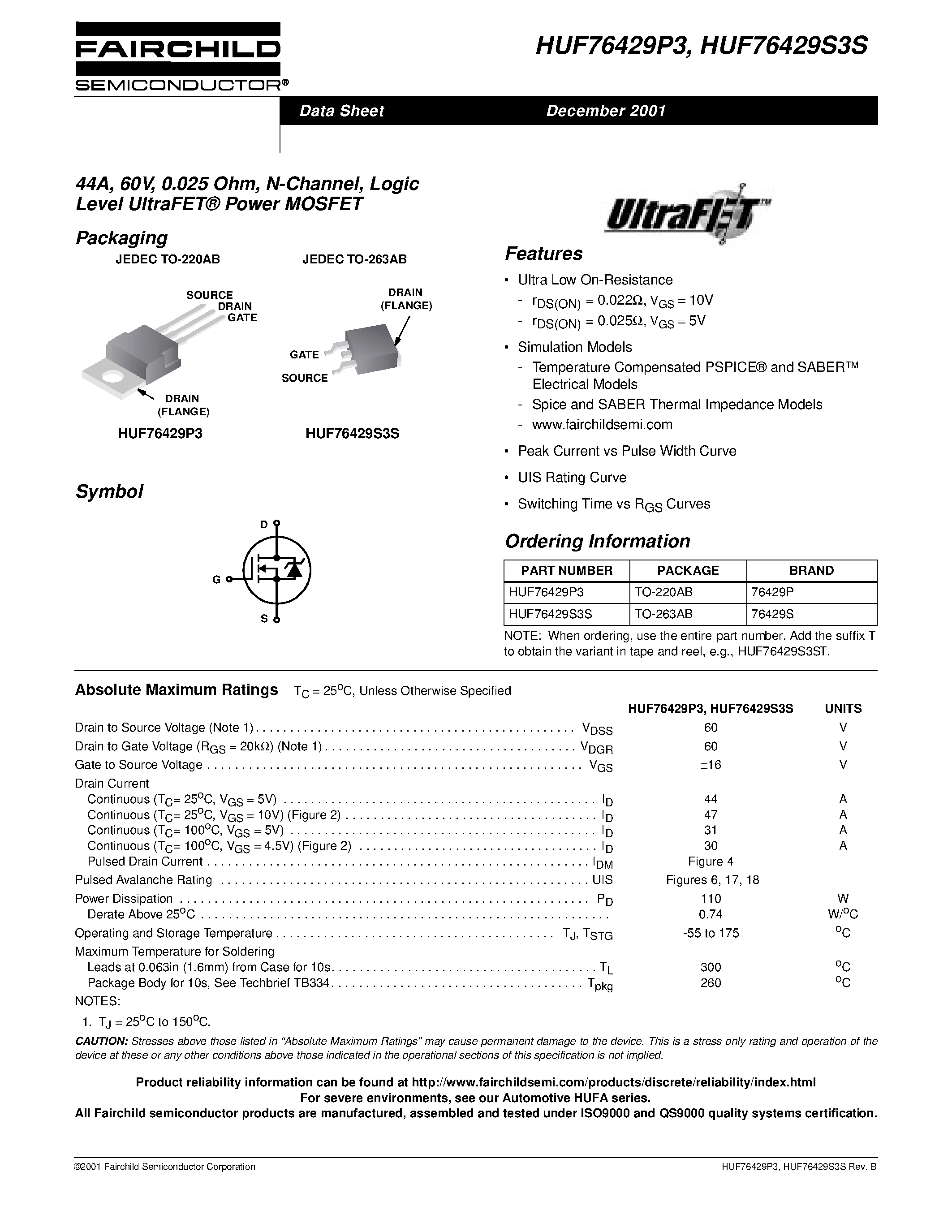 Datasheet HUF76443P3 - 75A/ 60V/ 0.0095 Ohm/ N-Channel/ Logic Level UltraFET Power MOSFET page 1