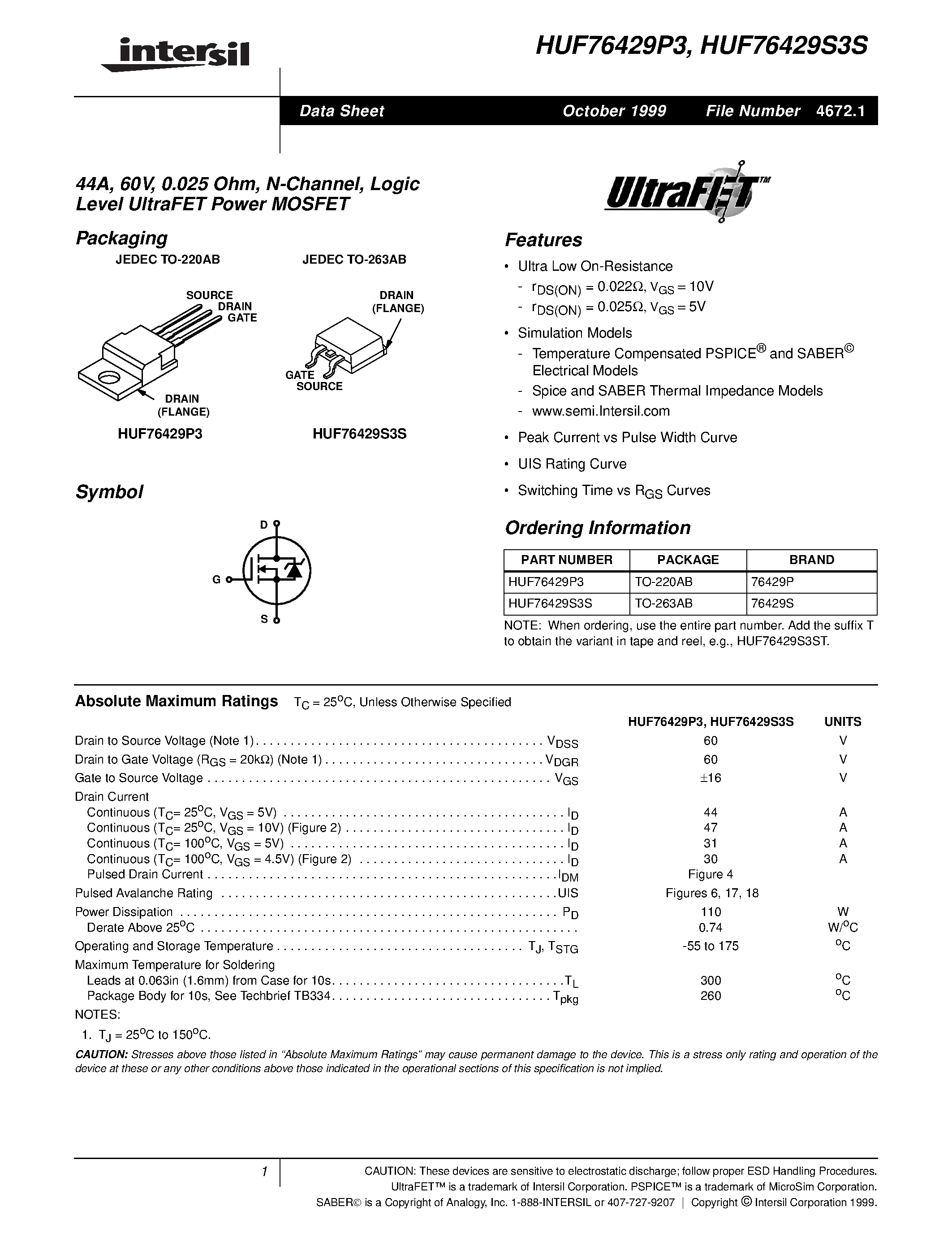 Datasheet HUF76423P3 - 33A/ 60V/ 0.035 Ohm/ N-Channel/ Logic Level UltraFET Power MOSFET page 1
